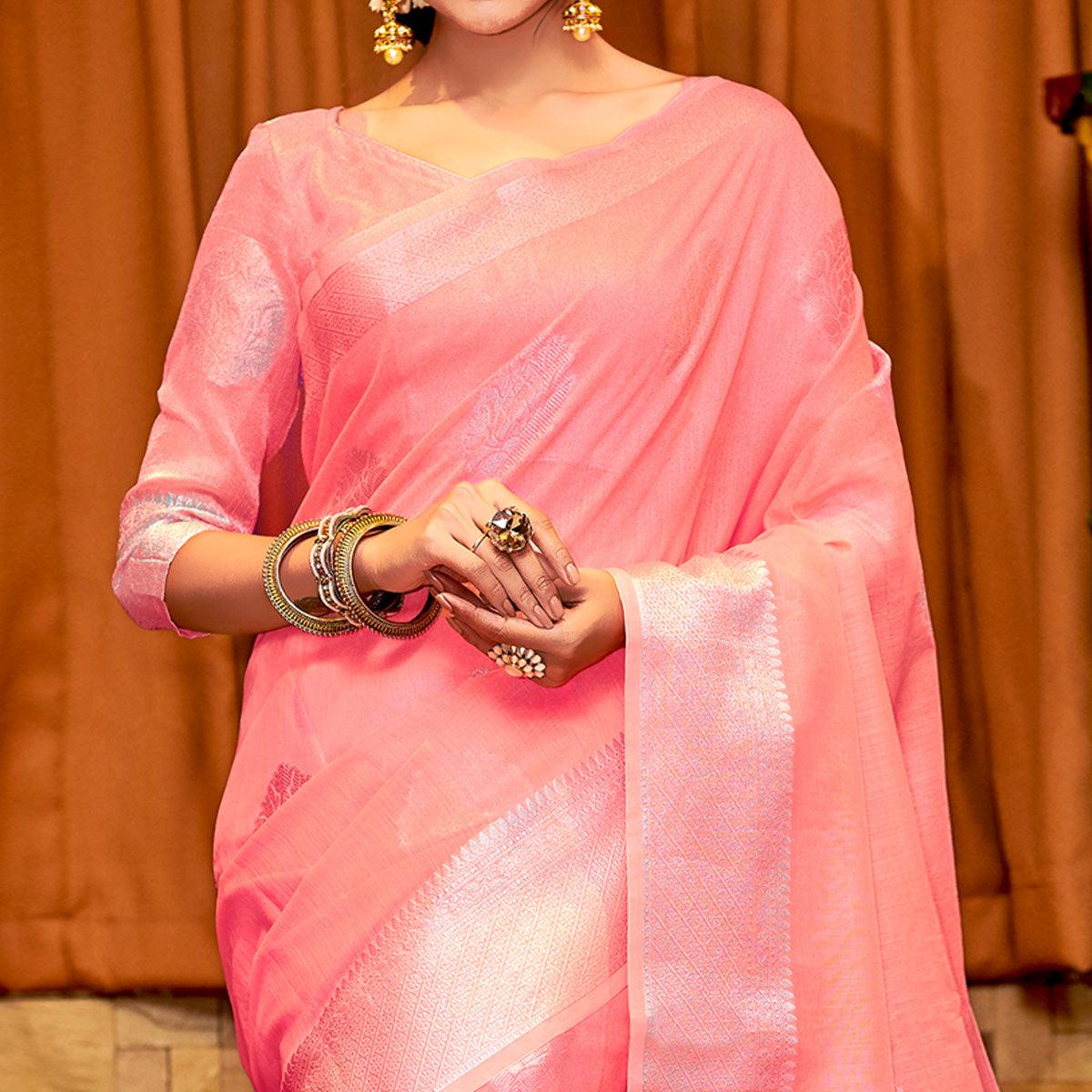 Innovative Peach Colored Festive Wear Woven Linen Sareee - Peachmode