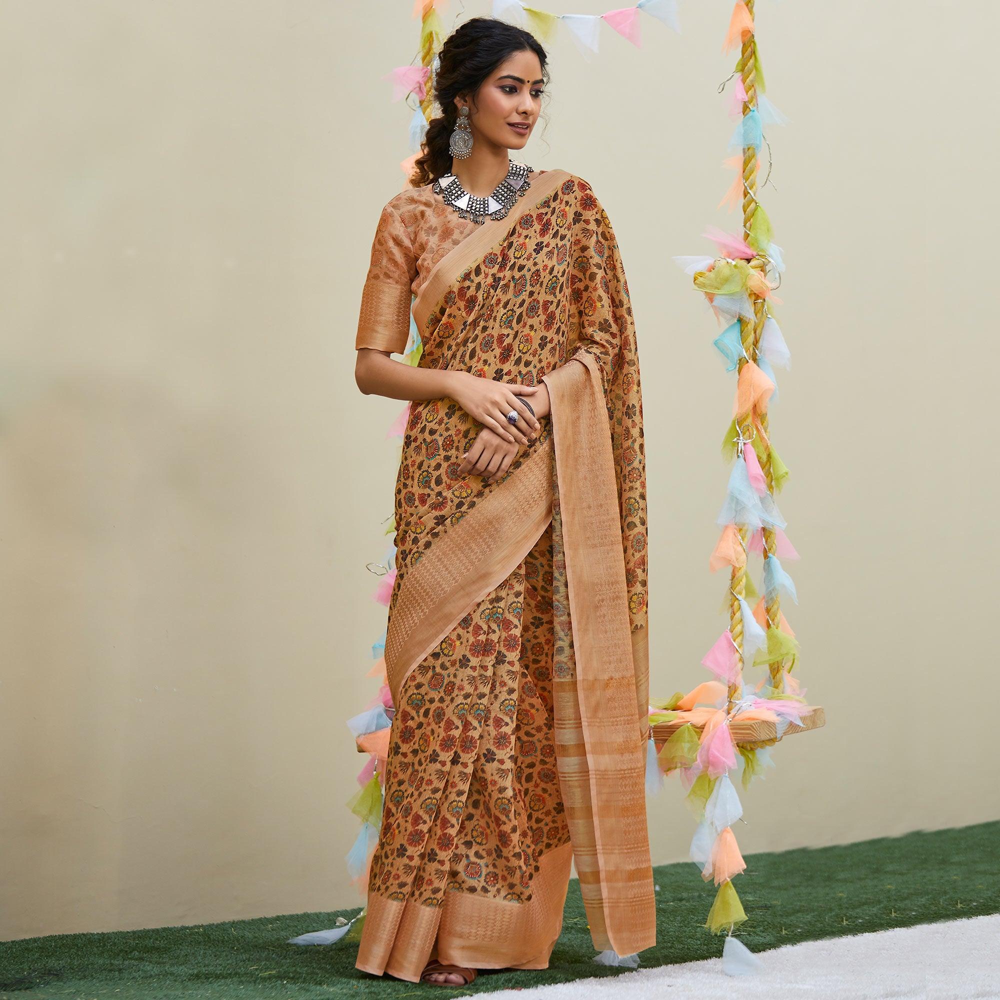Innovative Peach Colored Party Wear Digital Printed Linen Saree - Peachmode