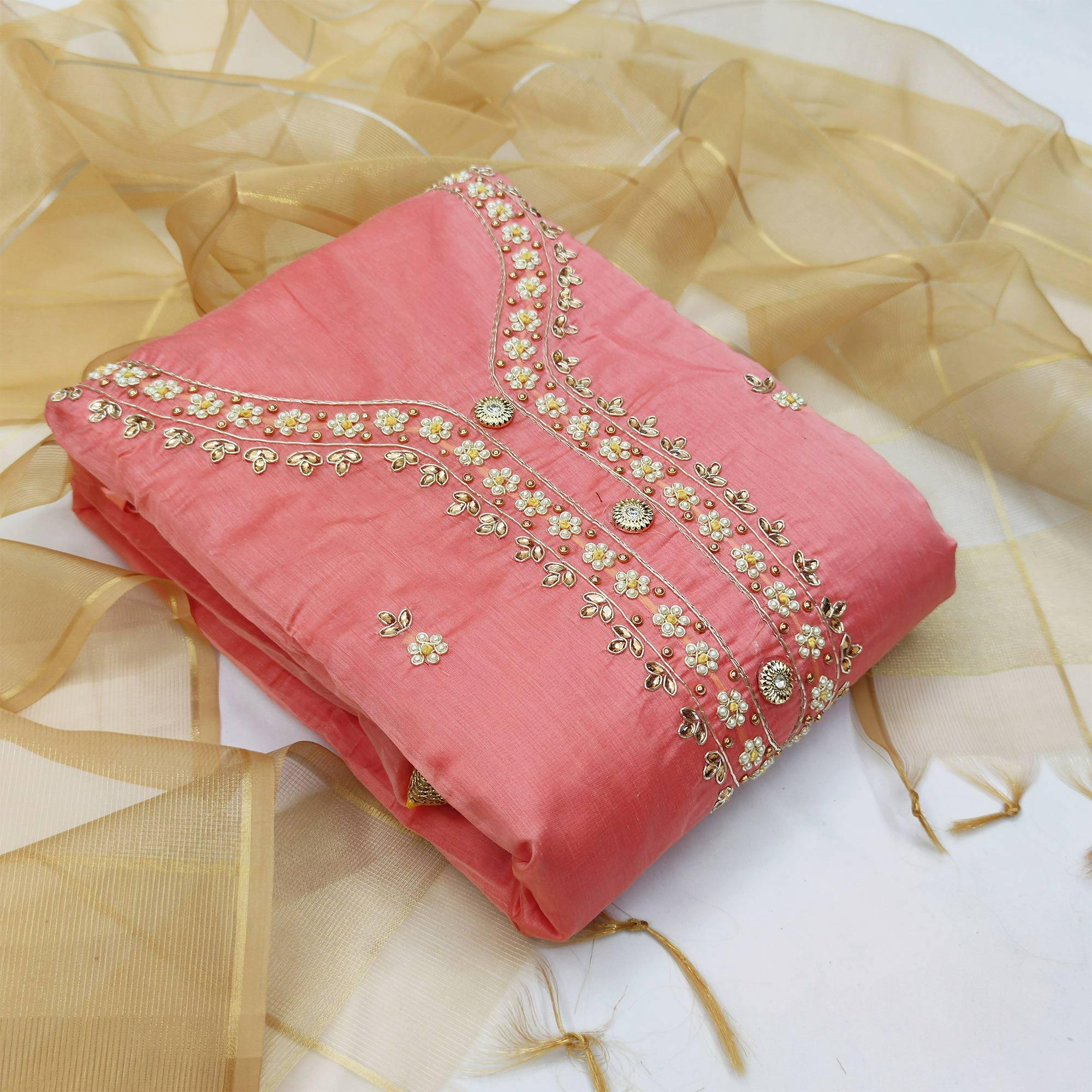 Innovative Pink Colored Casual Embroidered Modal Chanderi Dress Material - Peachmode