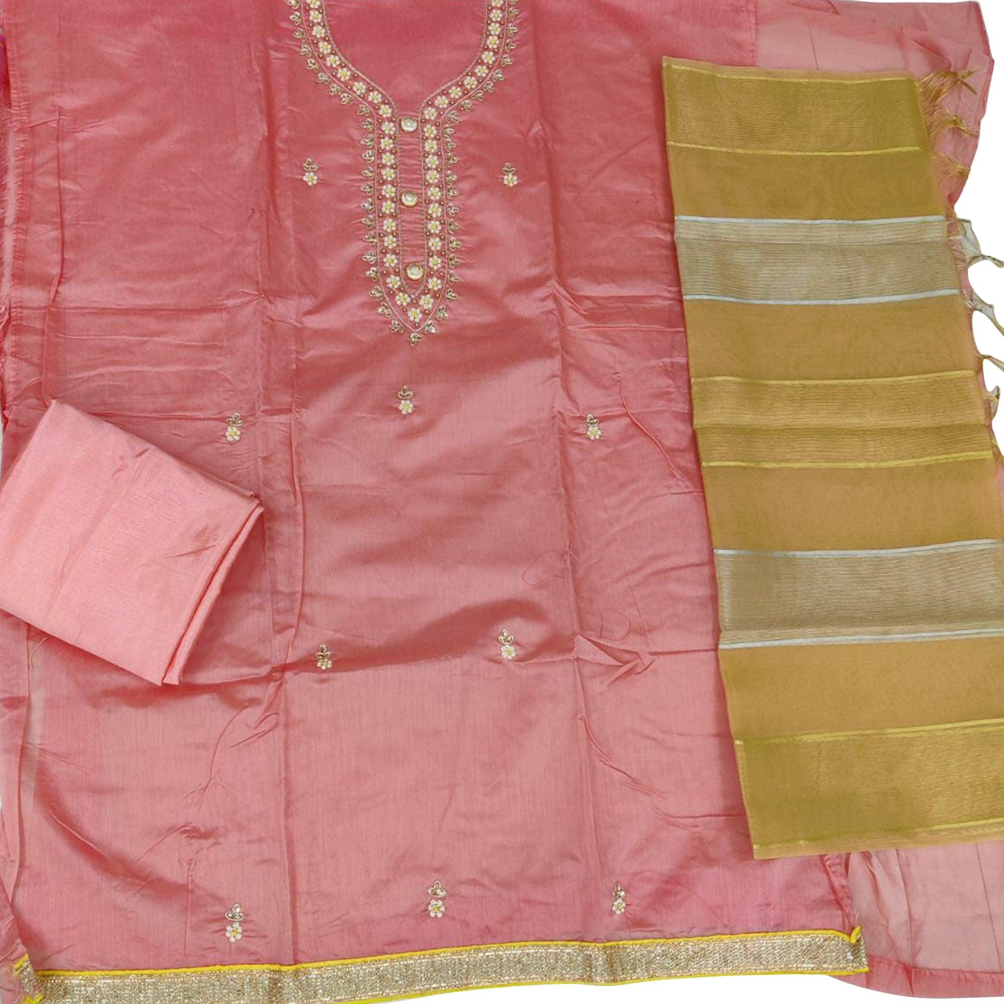Innovative Pink Colored Casual Embroidered Modal Chanderi Dress Material - Peachmode