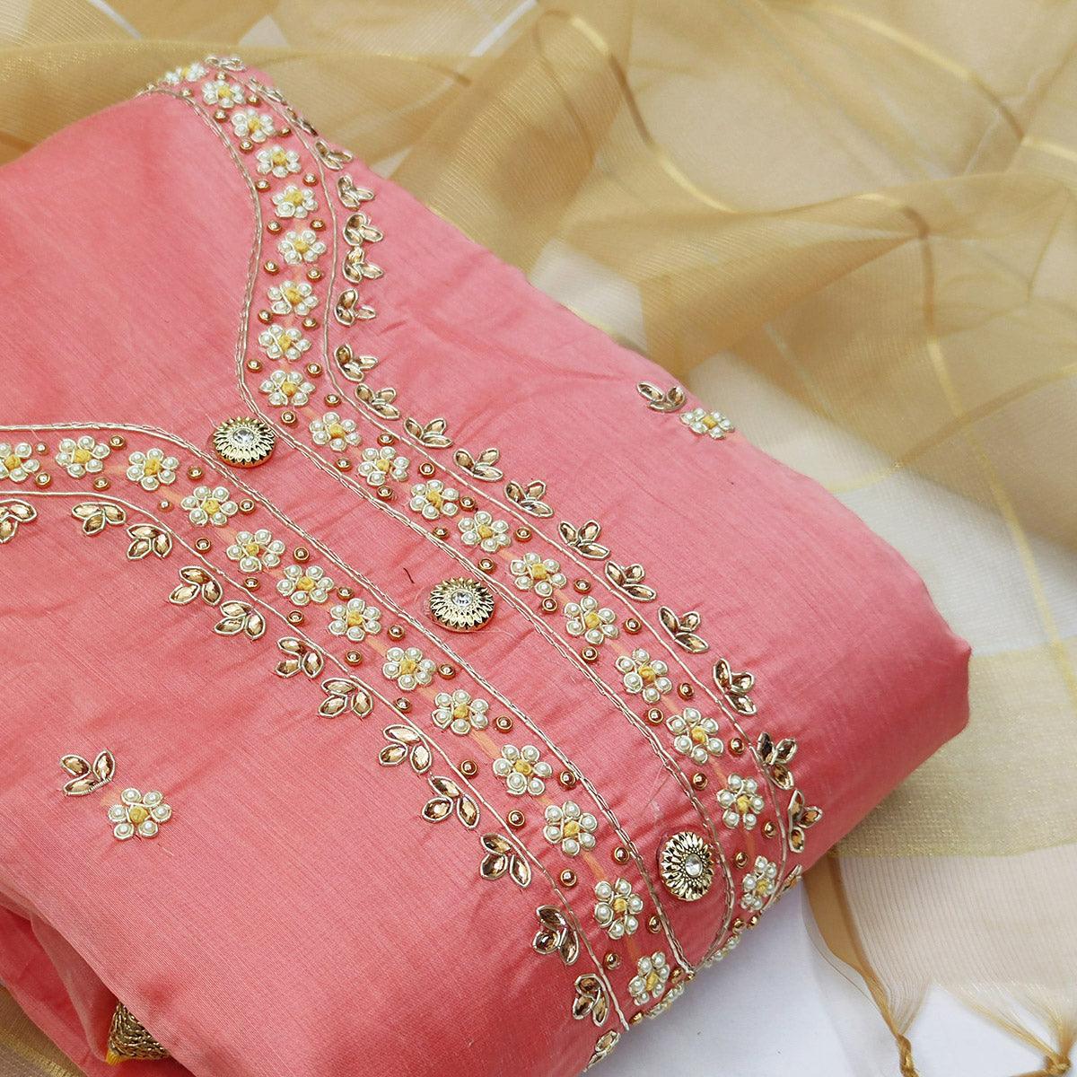 Innovative Pink Colored Casual Embroidered Modal Chanderi Dress Material - Peachmode