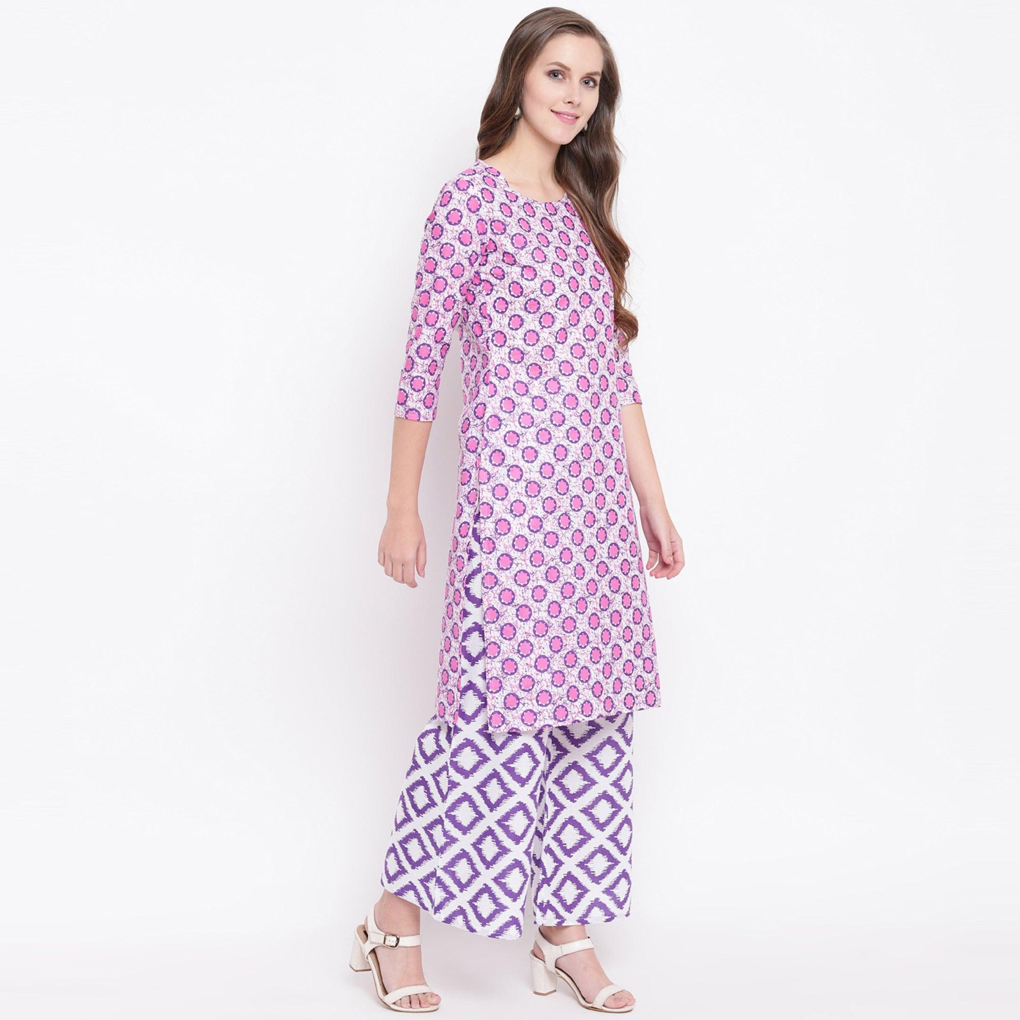 Innovative Pink Colored Casual Printed Cotton Kurti-Palazzo Set - Peachmode