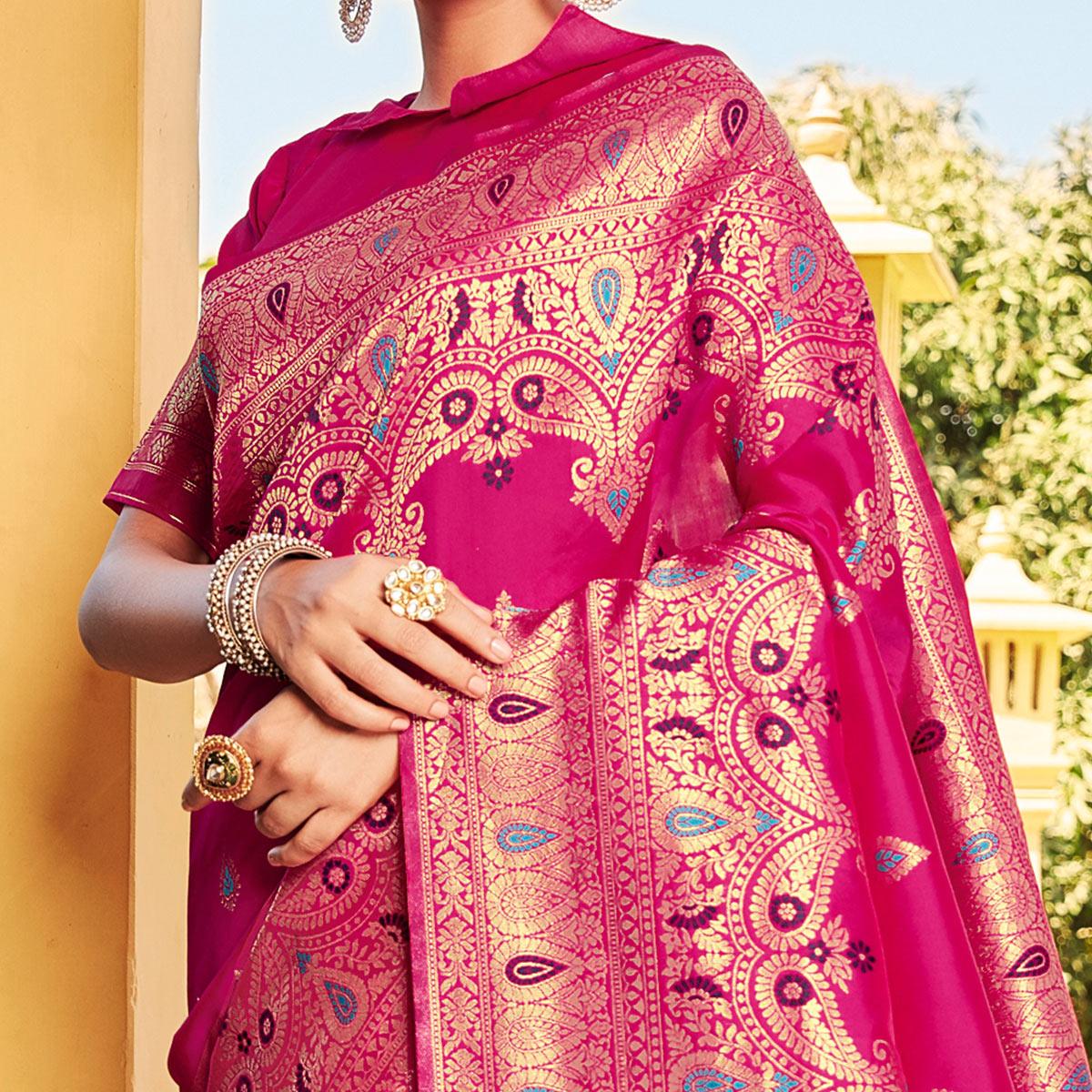 Innovative Pink Coloured Designer Partywear Weaving Silk Saree - Peachmode
