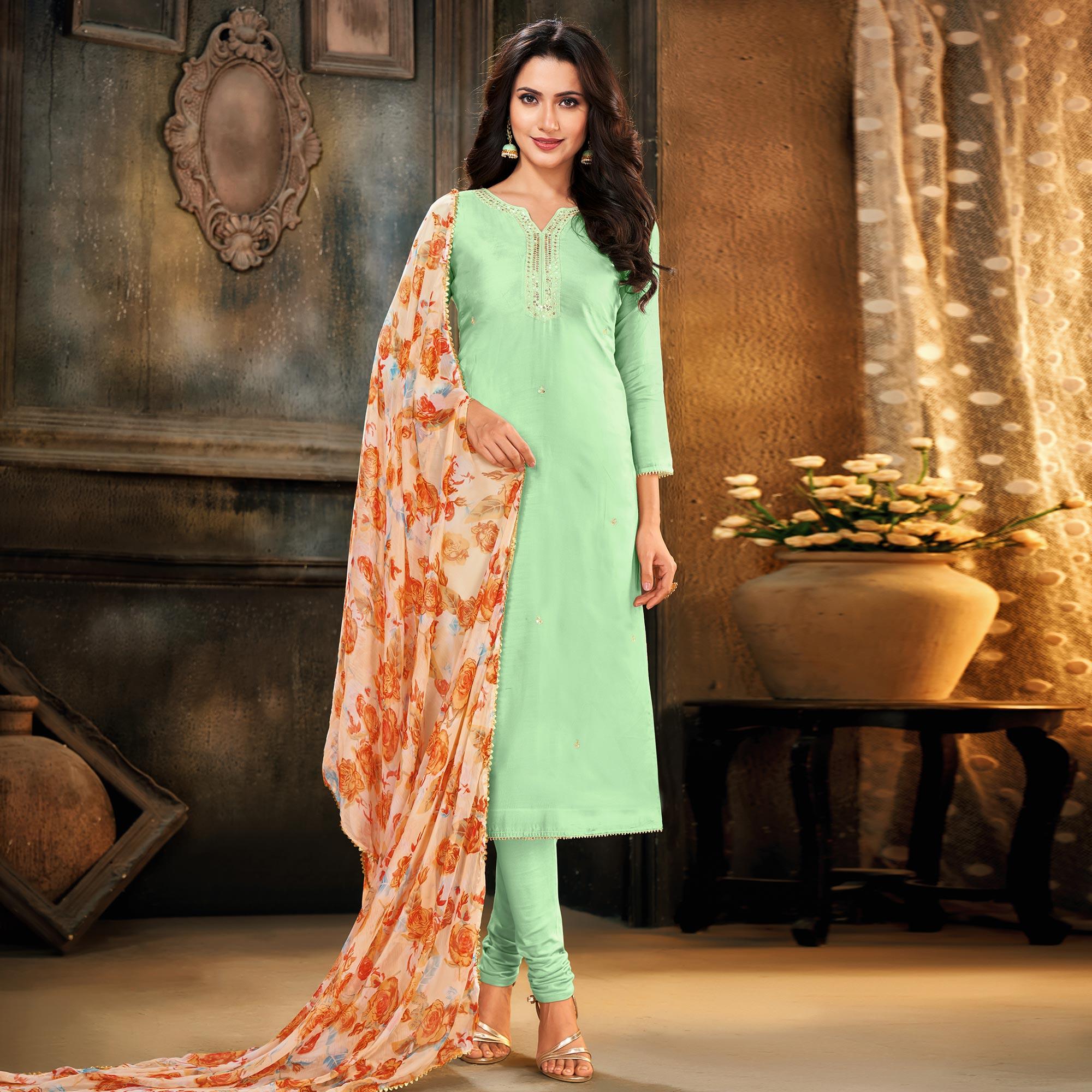 Innovative Pista Green Colored Partywear Embroidered Chanderi Dress Material - Peachmode