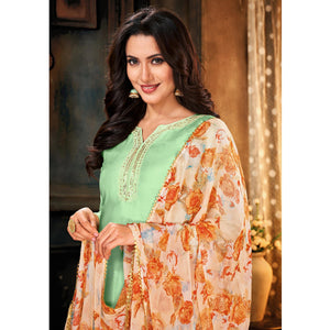 Innovative Pista Green Colored Partywear Embroidered Chanderi Dress Material - Peachmode