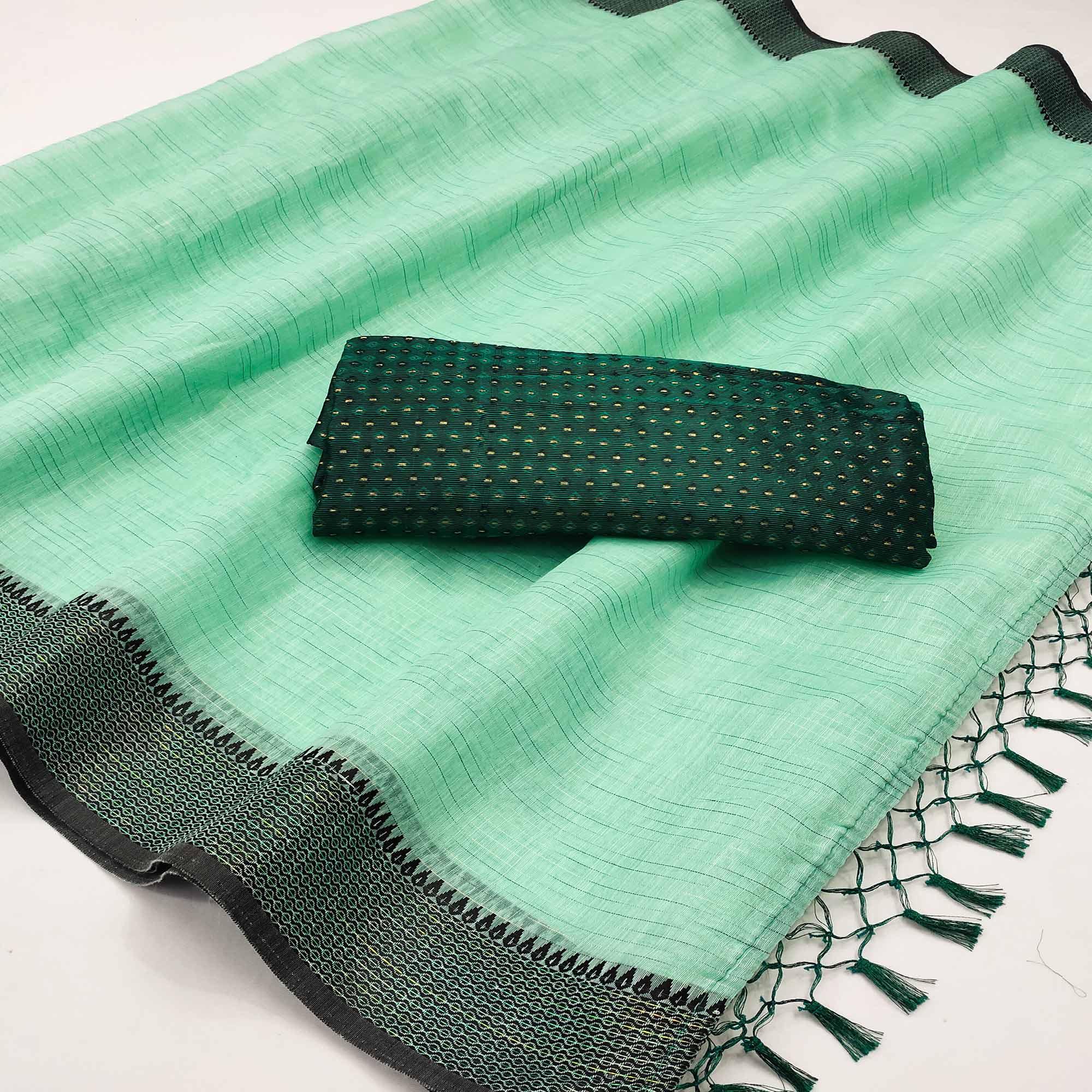 Innovative Rama Colored lining Pattern Casual Wear Cotton Saree - Peachmode