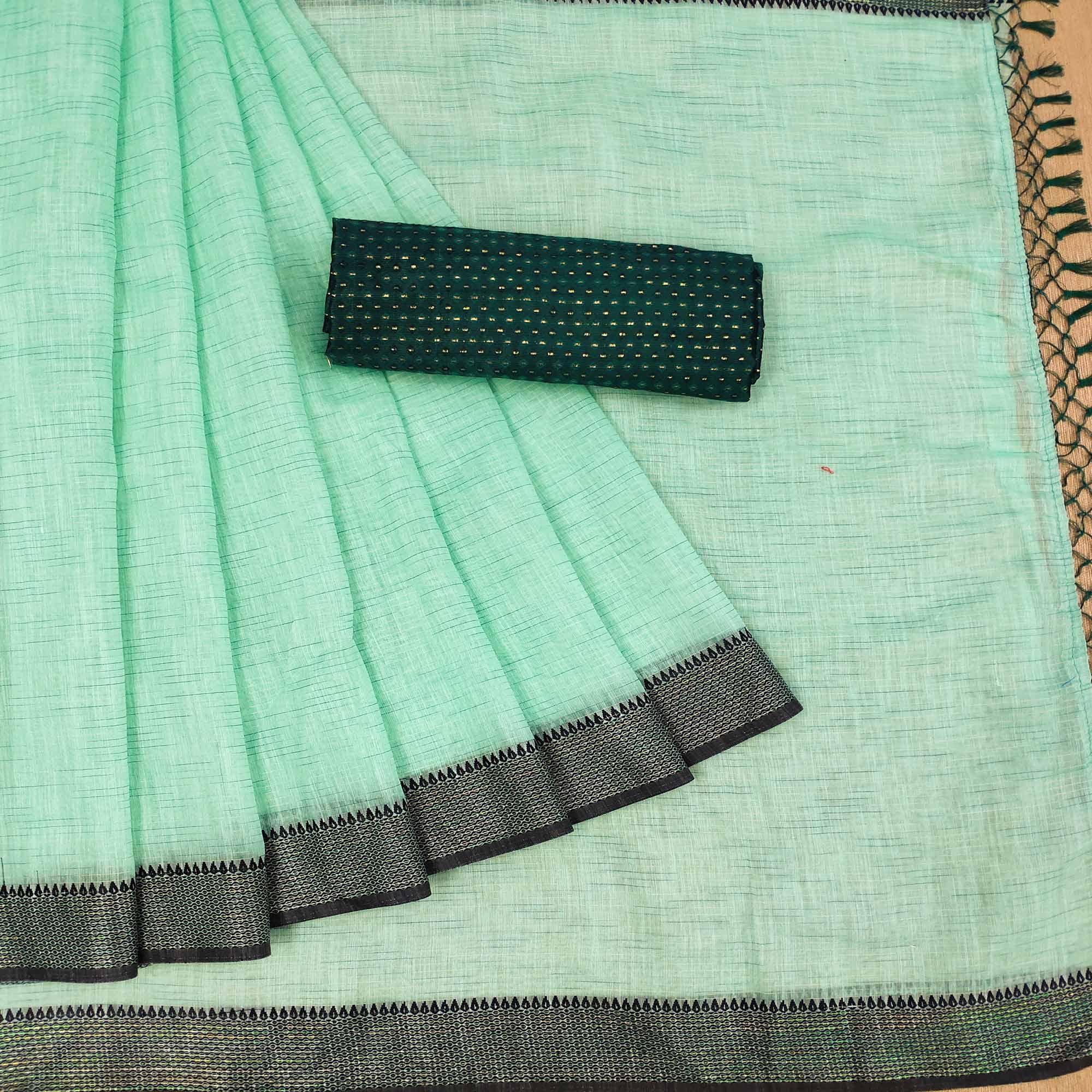 Innovative Rama Colored lining Pattern Casual Wear Cotton Saree - Peachmode
