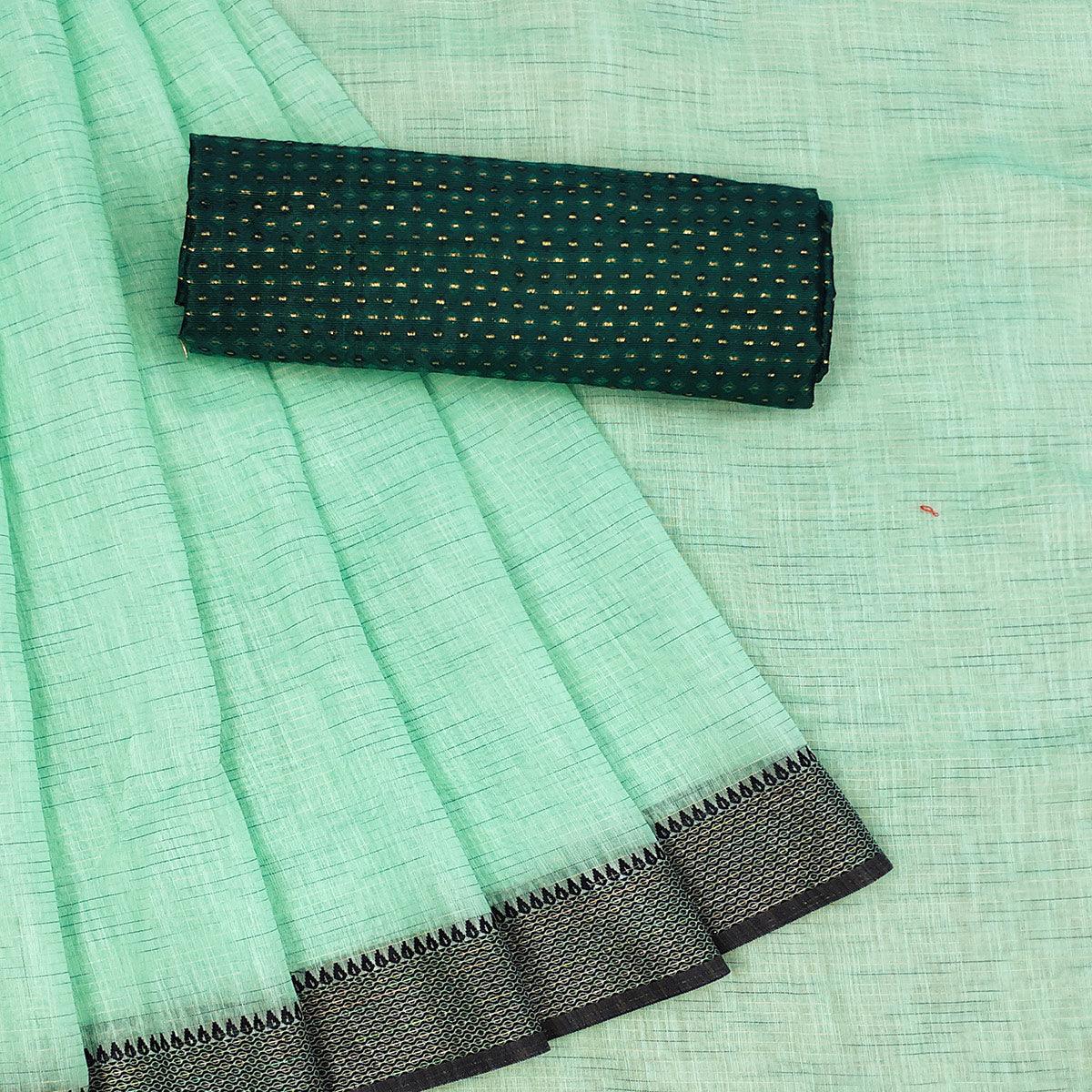 Innovative Rama Colored lining Pattern Casual Wear Cotton Saree - Peachmode