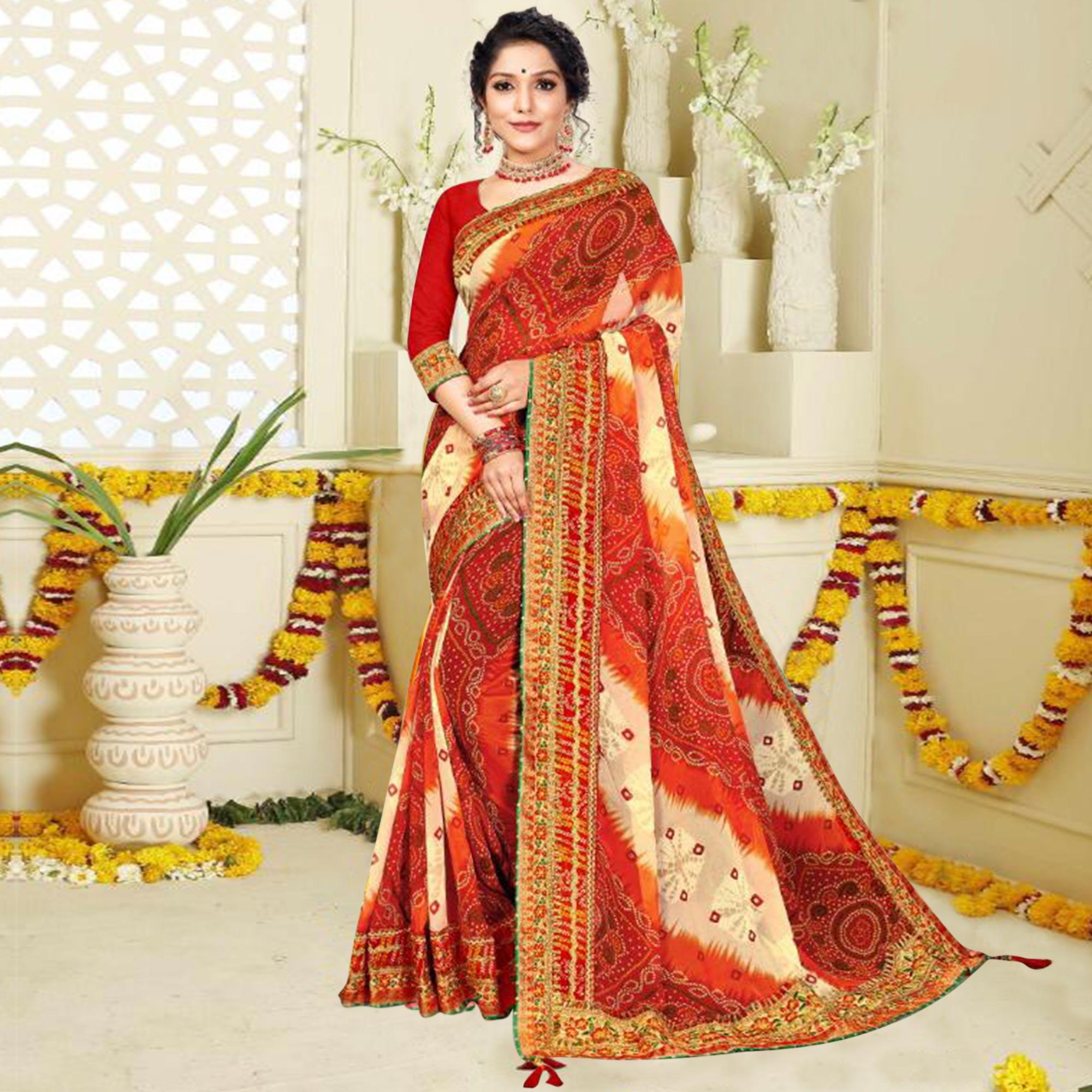 Innovative Red and White Colored Festive Wear Bandhani Print With Zari Border Work And Latkan Heavy Georgette Saree - Peachmode