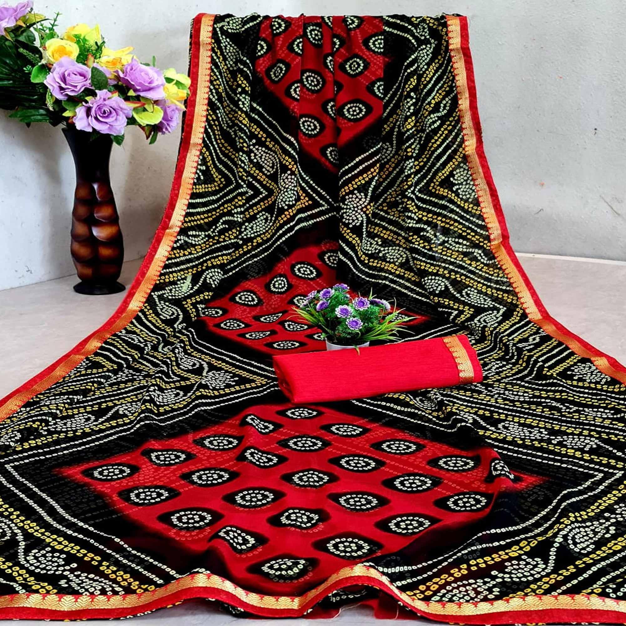 Innovative Red - Black Colored Festive Wear Woven Moss Georgette Saree - Peachmode