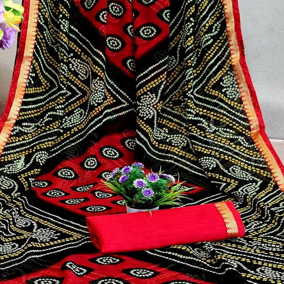 Innovative Red - Black Colored Festive Wear Woven Moss Georgette Saree - Peachmode