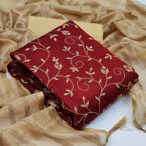 Innovative Red Colored Casual Wear Embroidered Chanderi Dress Material - Peachmode