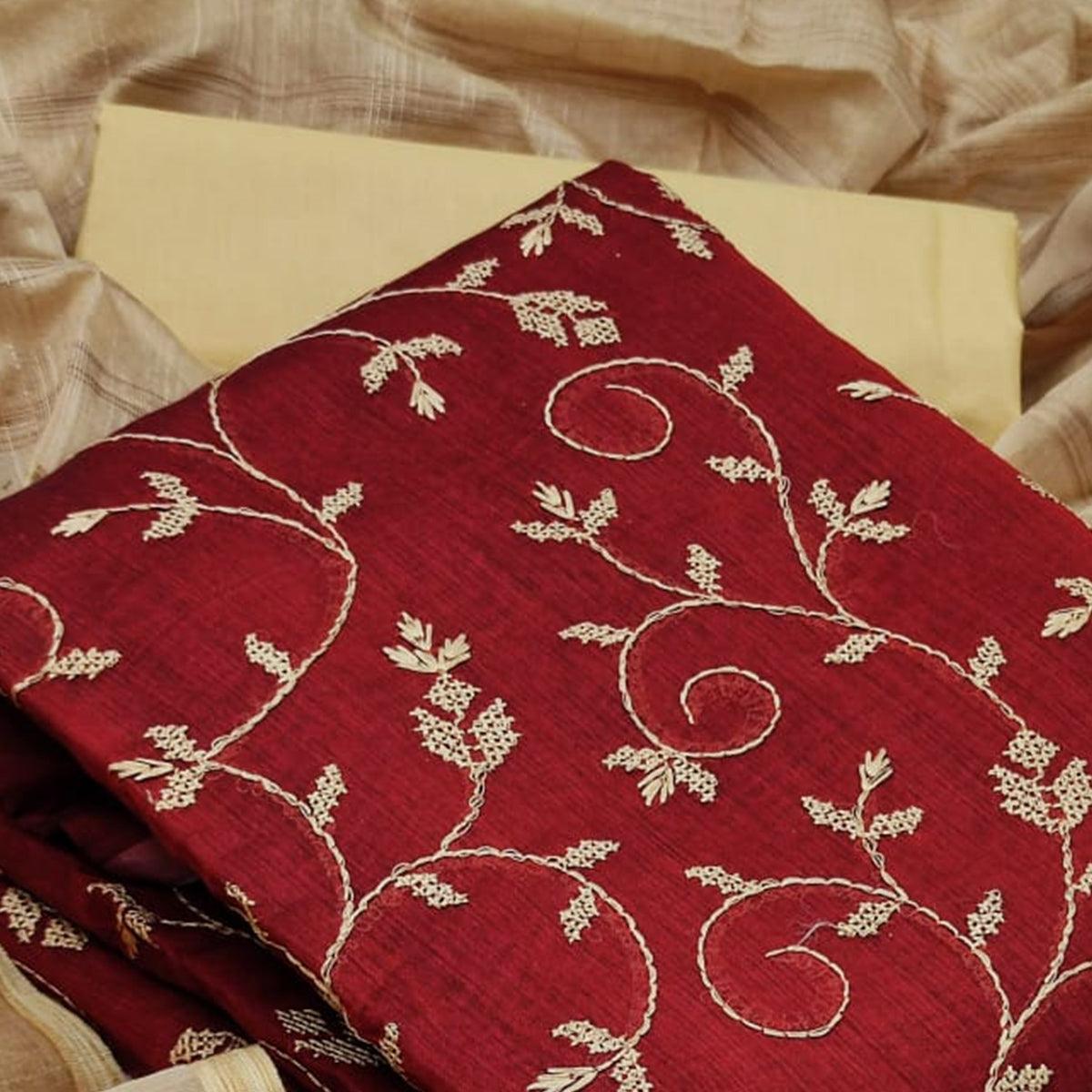 Innovative Red Colored Casual Wear Embroidered Chanderi Dress Material - Peachmode