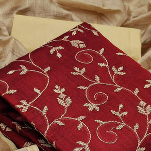 Innovative Red Colored Casual Wear Embroidered Chanderi Dress Material - Peachmode