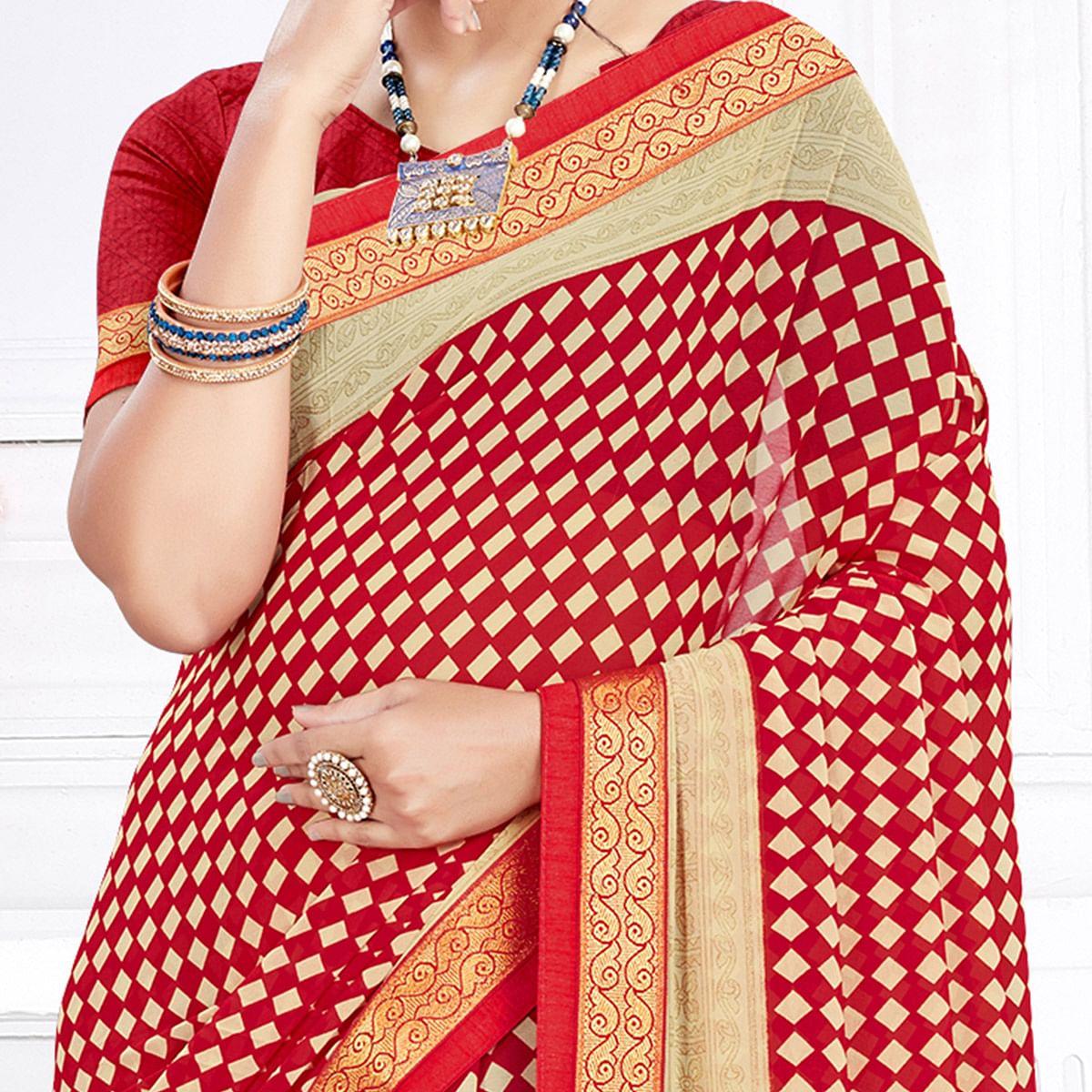Innovative Red Colored Casual Wear Printed Georgette Saree - Peachmode