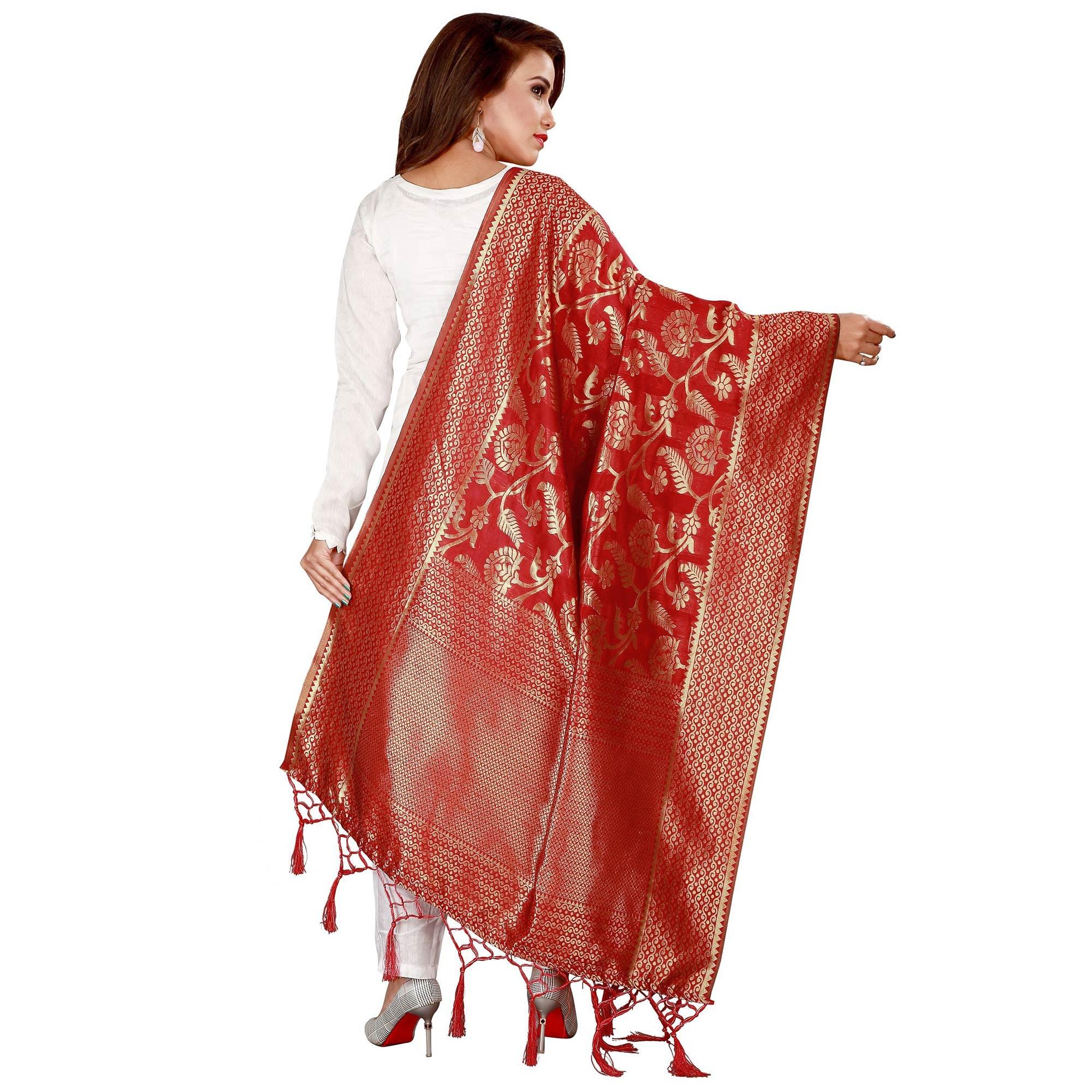 Innovative Red Colored Festive Wear Banarasi Silk Dupatta - Peachmode