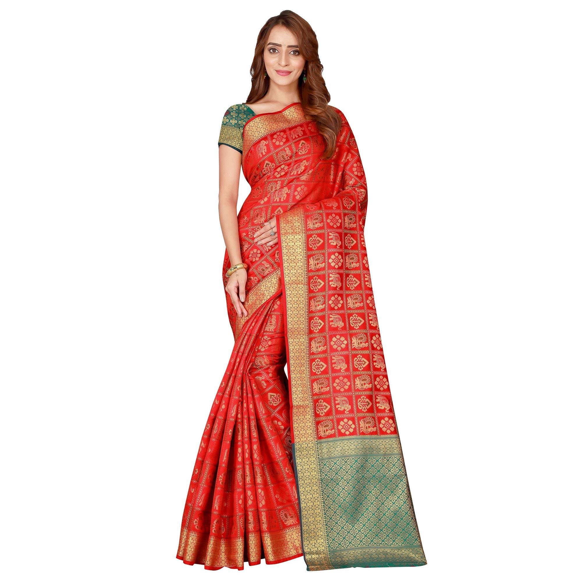 Innovative Red Colored festive Wear silk Saree - Peachmode