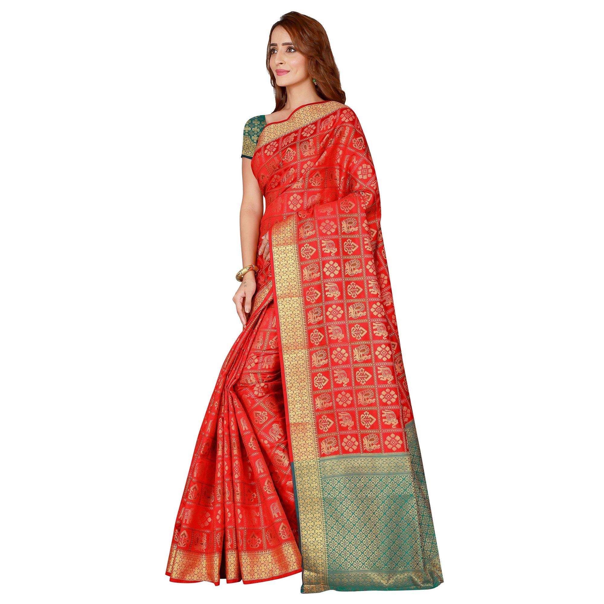 Innovative Red Colored festive Wear silk Saree - Peachmode
