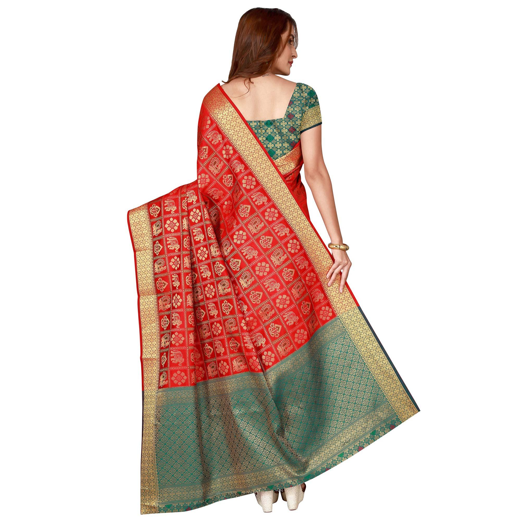 Innovative Red Colored festive Wear silk Saree - Peachmode