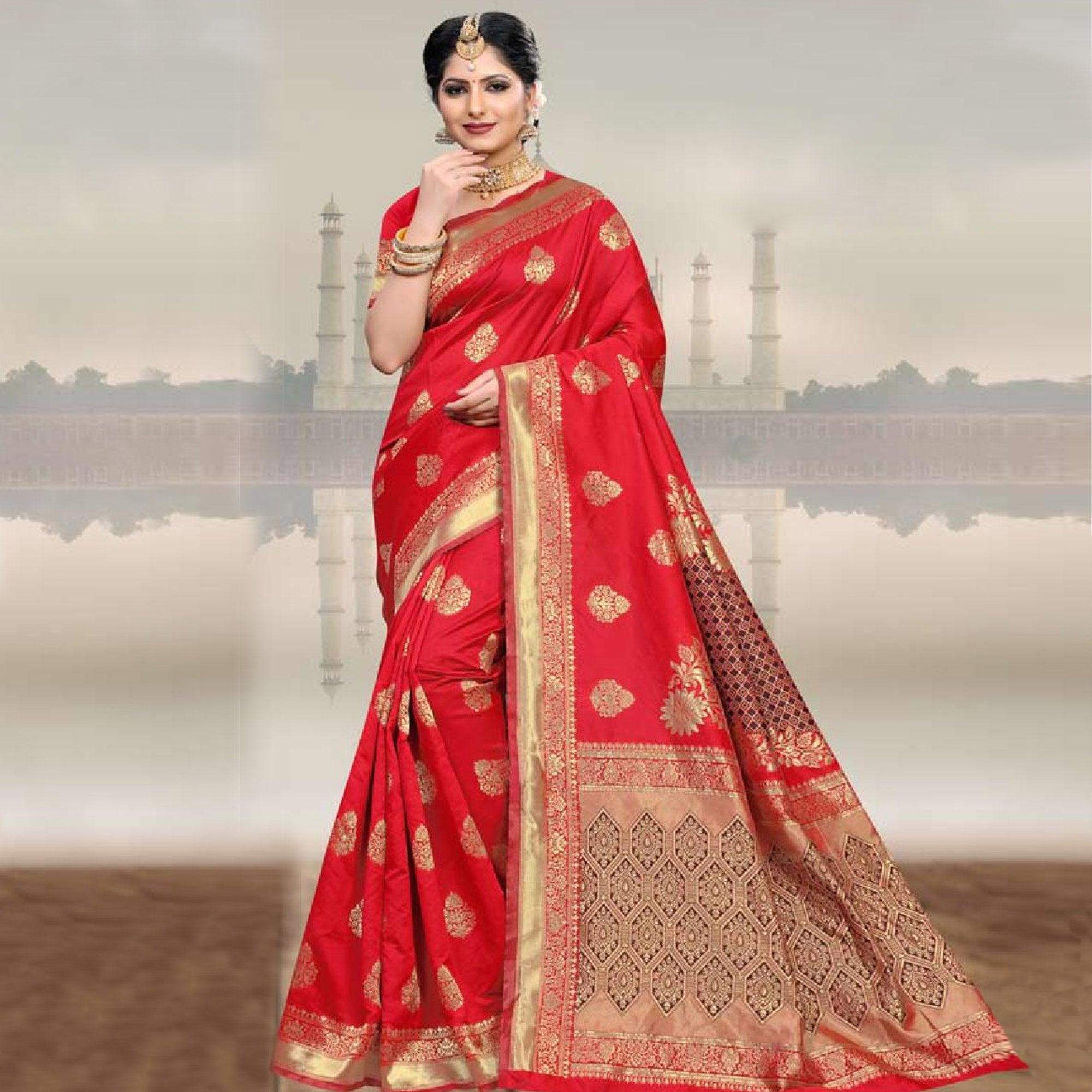 Innovative Red Colored Festive Wear Woven Art Silk Saree - Peachmode
