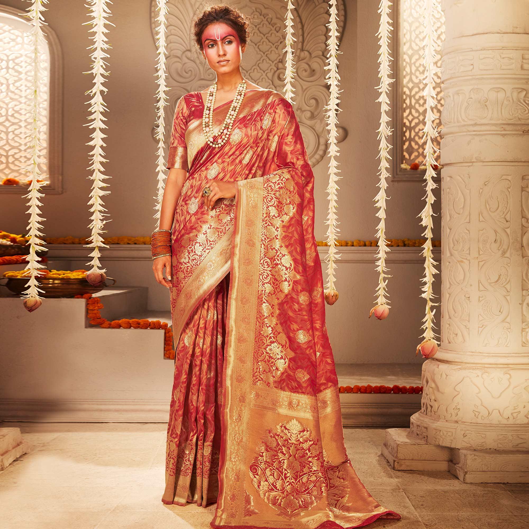Innovative Red Colored Festive Wear Woven Banarasi Silk Saree - Peachmode