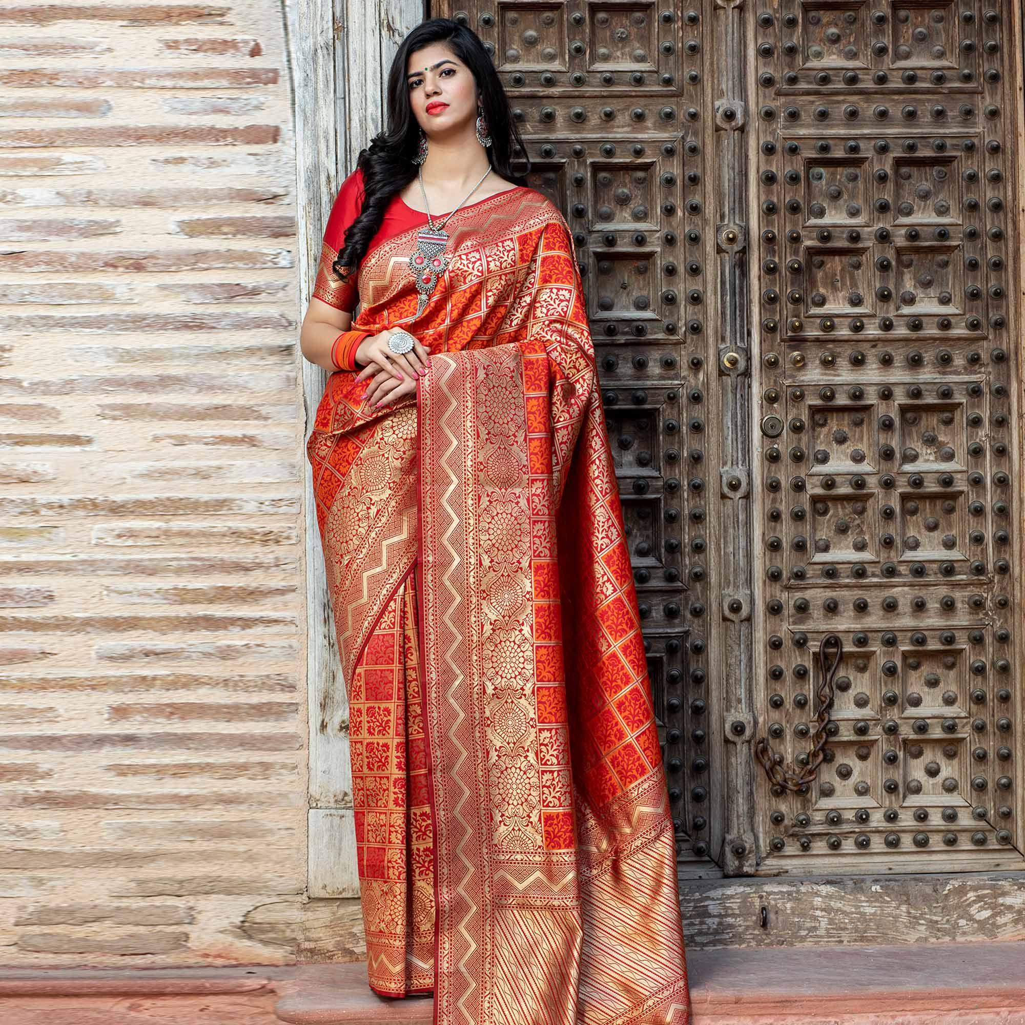 Innovative Red Colored Festive Wear Woven Banarasi Silk Saree - Peachmode