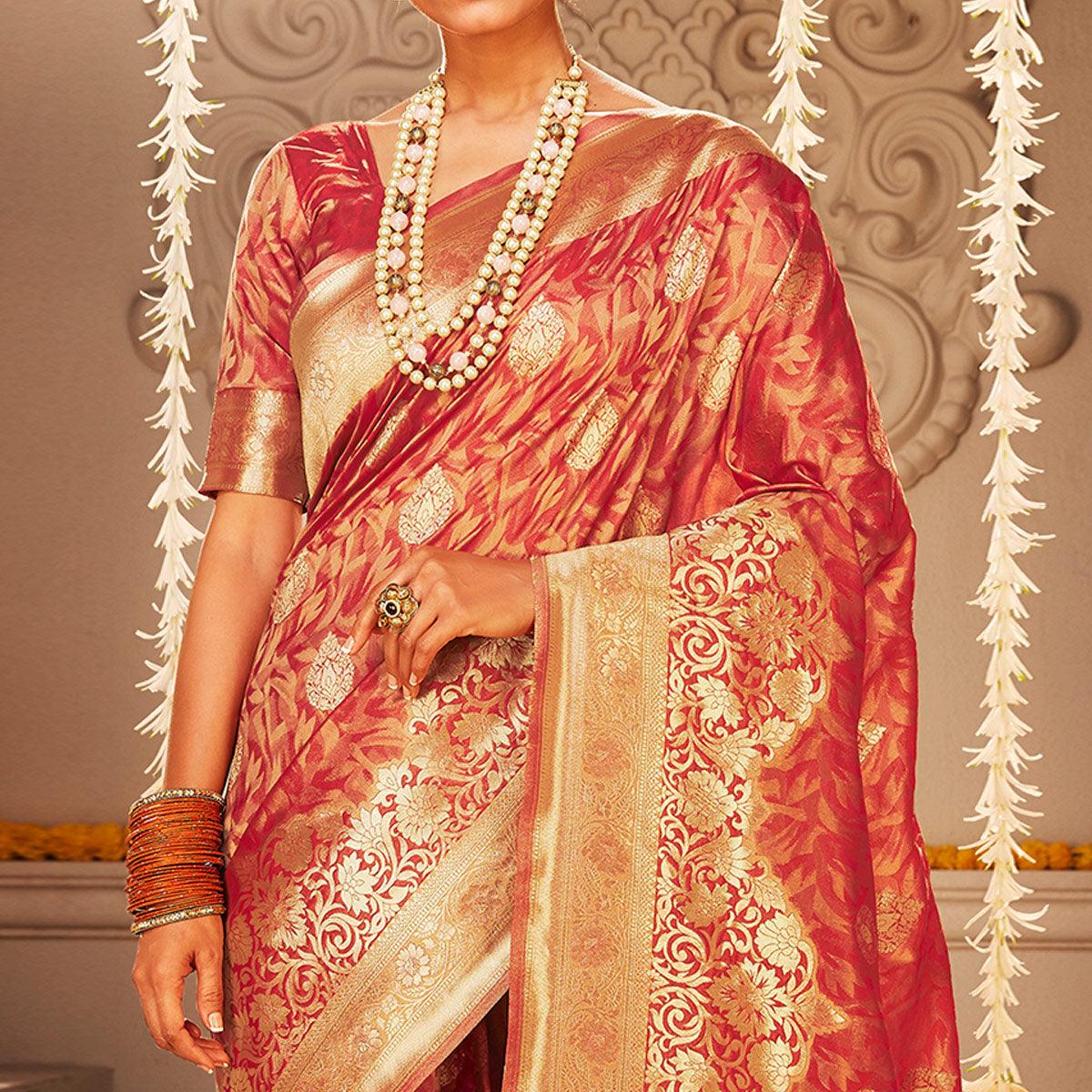 Innovative Red Colored Festive Wear Woven Banarasi Silk Saree - Peachmode