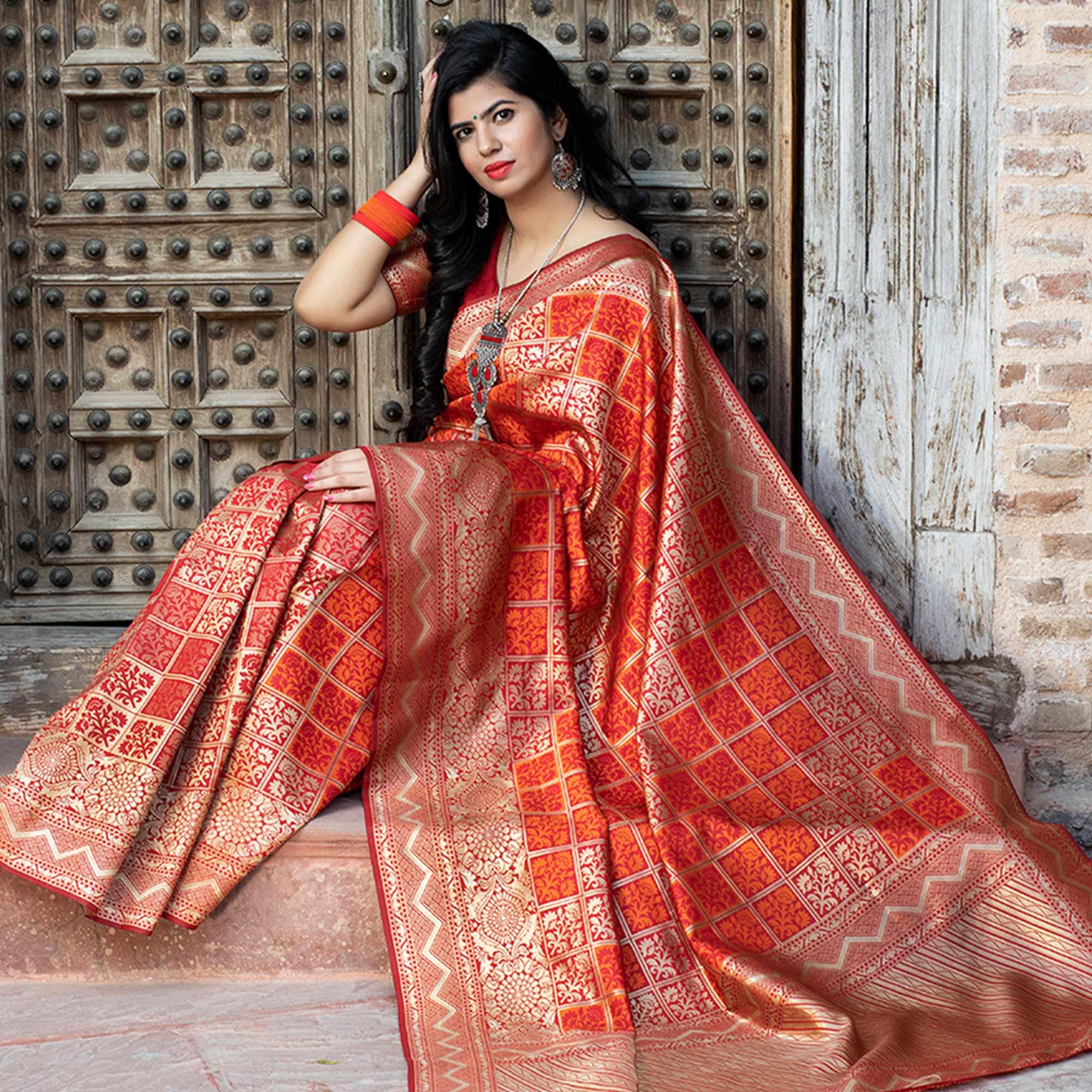 Innovative Red Colored Festive Wear Woven Banarasi Silk Saree - Peachmode
