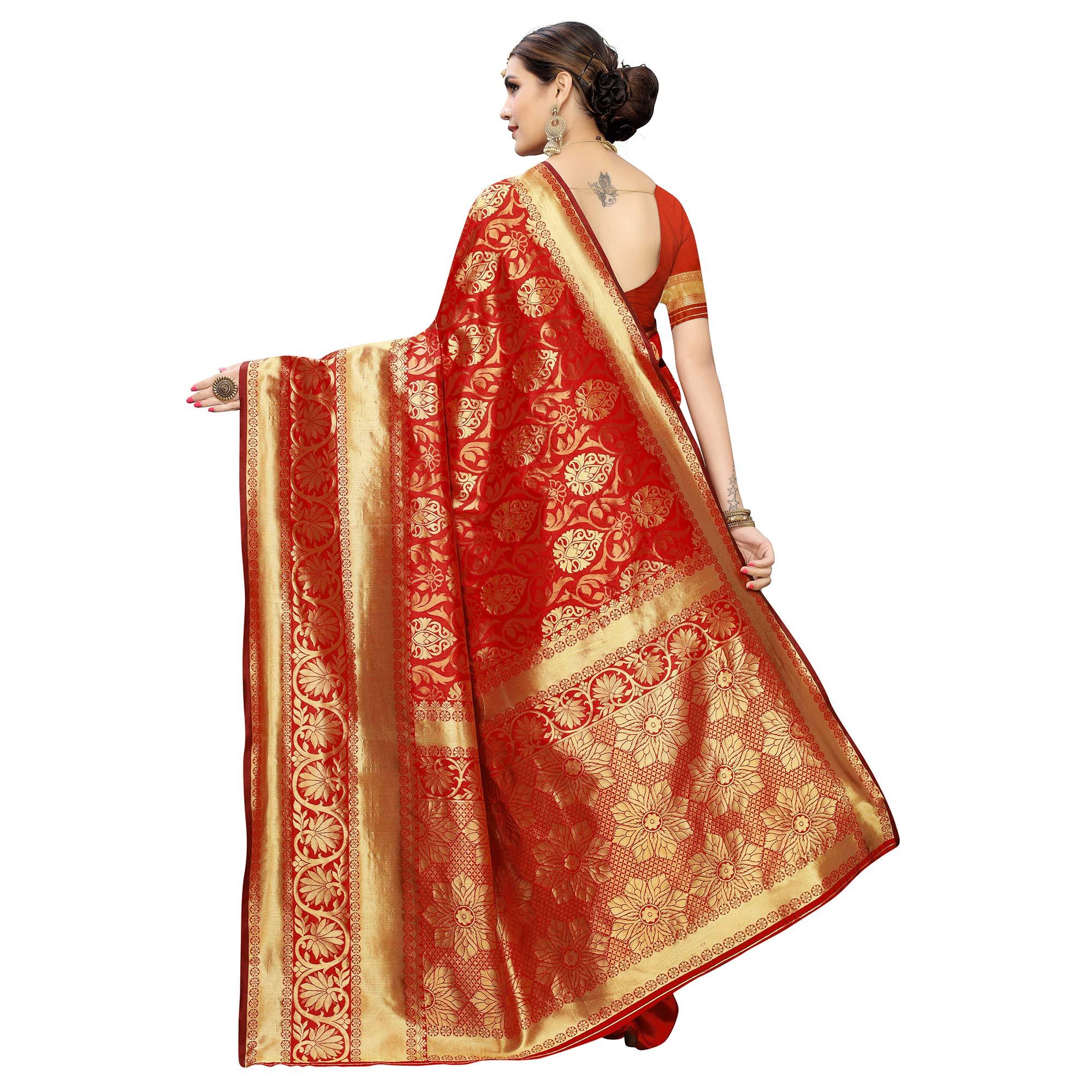 Innovative Red Colored Festive Wear Woven Banarasi Silk Saree - Peachmode