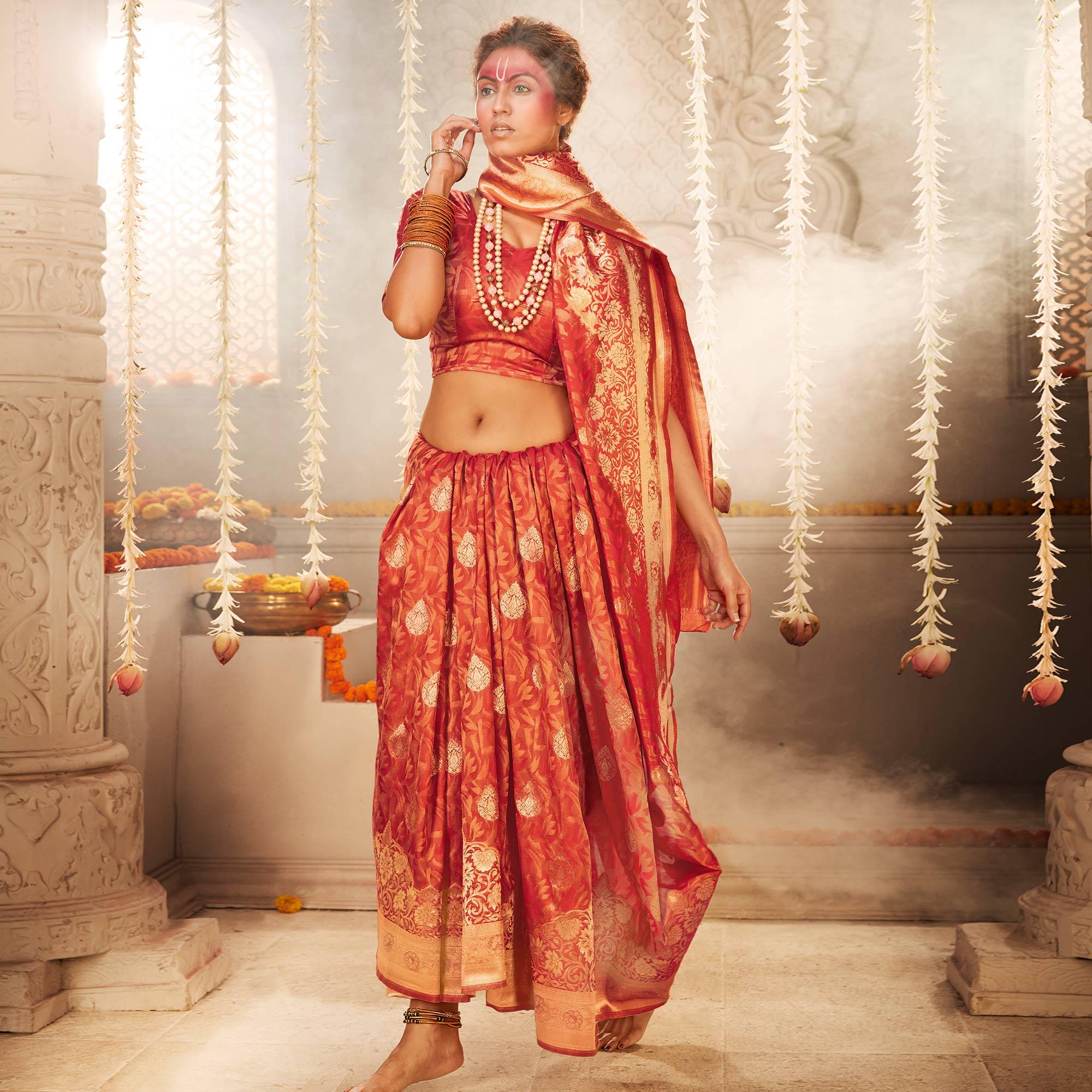Innovative Red Colored Festive Wear Woven Banarasi Silk Saree - Peachmode
