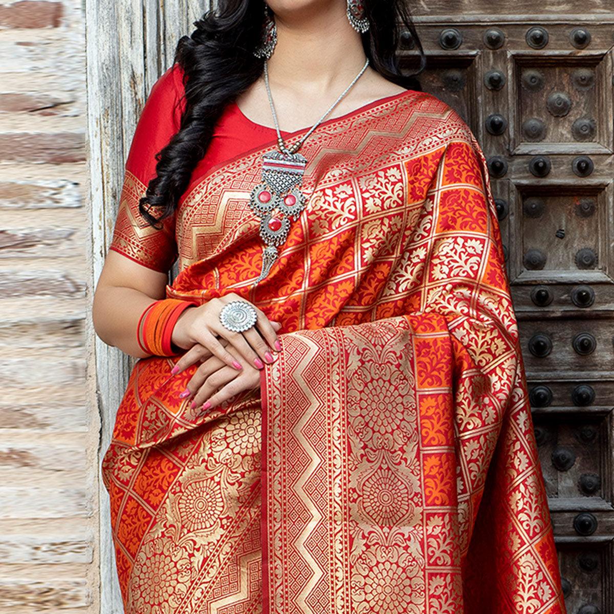 Innovative Red Colored Festive Wear Woven Banarasi Silk Saree - Peachmode