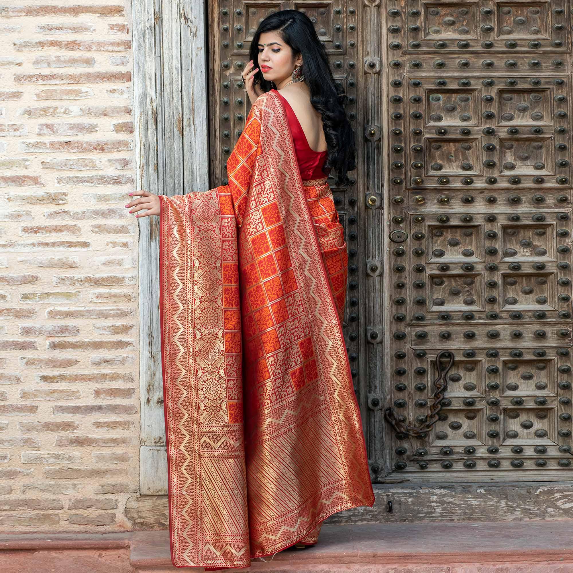 Innovative Red Colored Festive Wear Woven Banarasi Silk Saree - Peachmode