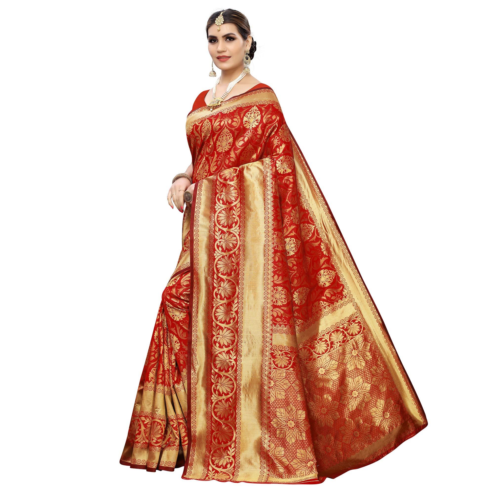 Innovative Red Colored Festive Wear Woven Banarasi Silk Saree - Peachmode