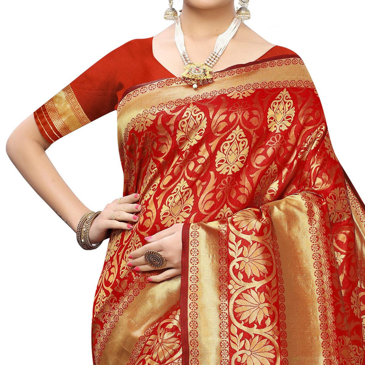 Innovative Red Colored Festive Wear Woven Banarasi Silk Saree - Peachmode