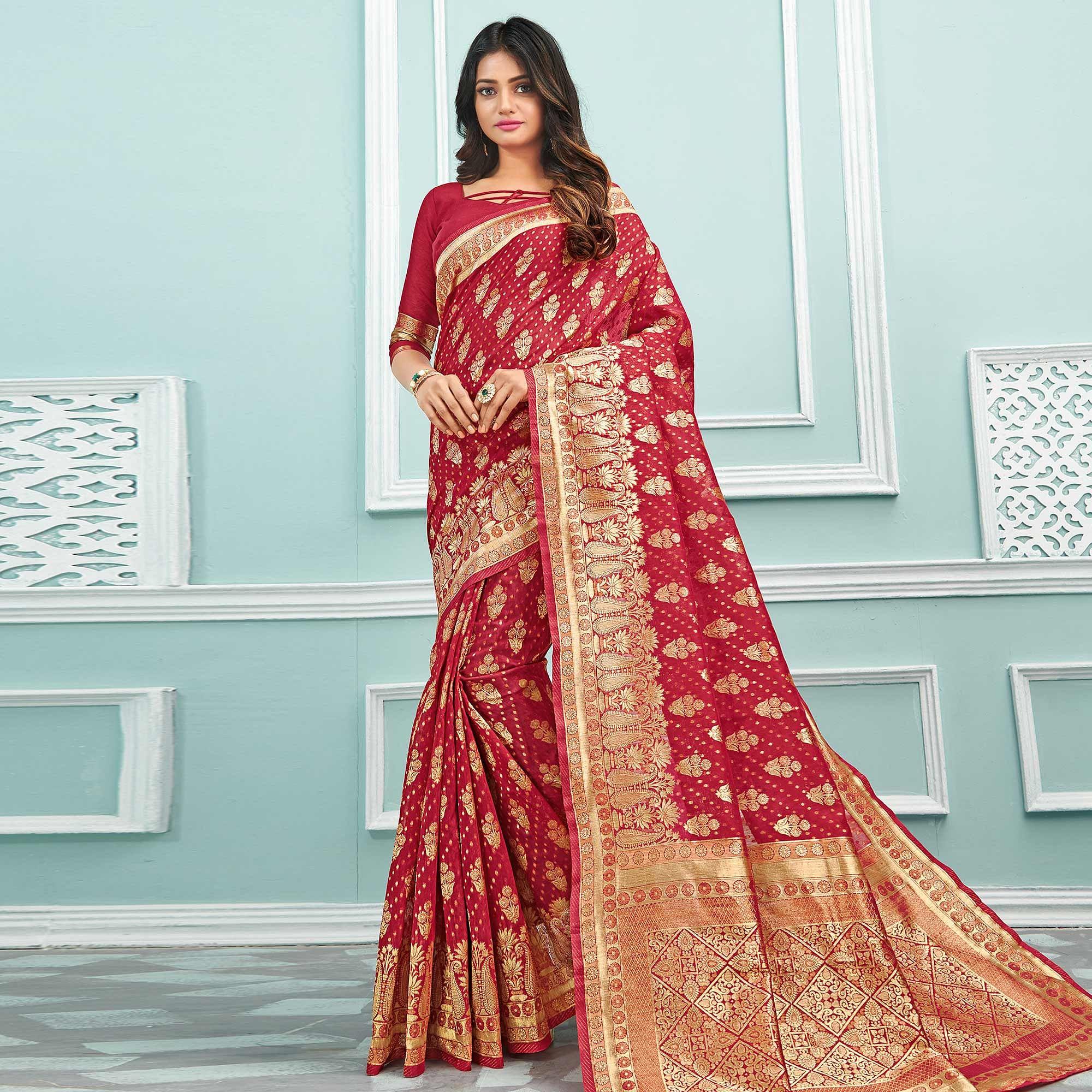 Innovative Red Colored Festive Wear Woven Cotton Handloom Saree - Peachmode