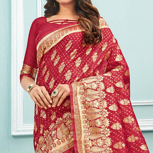 Innovative Red Colored Festive Wear Woven Cotton Handloom Saree - Peachmode