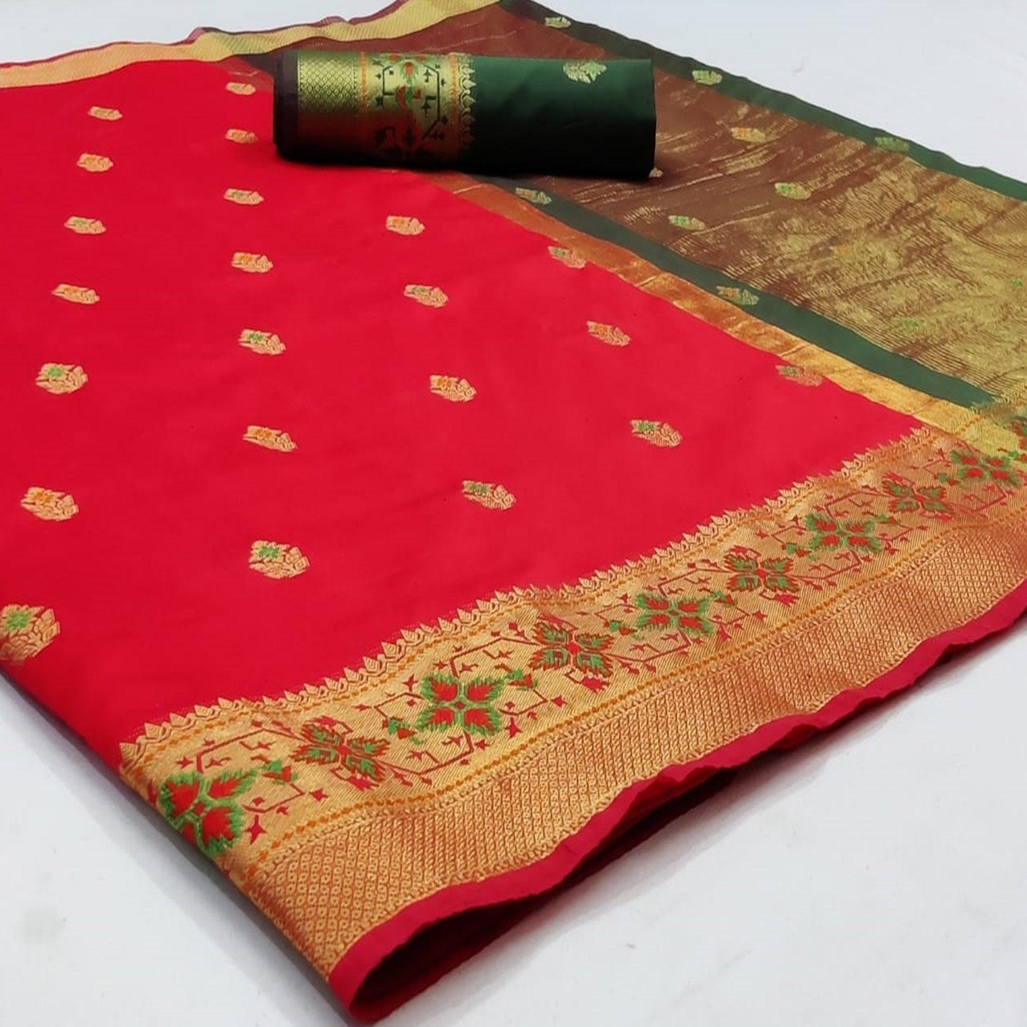Innovative Red Colored Festive Wear Woven Silk Saree - Peachmode