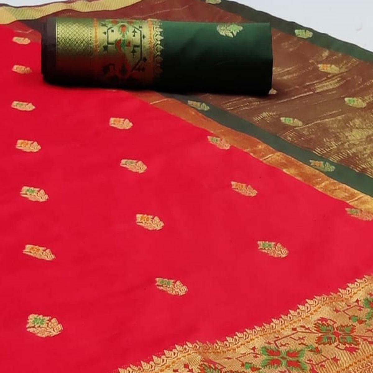 Innovative Red Colored Festive Wear Woven Silk Saree - Peachmode