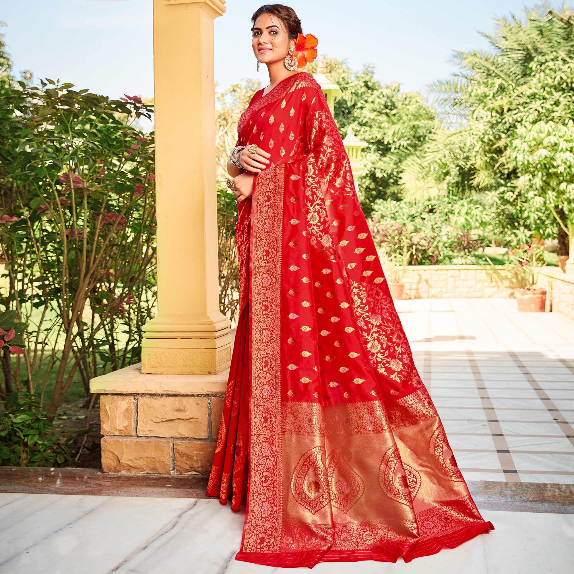 Innovative Red Coloured Designer Partywear Weaving Silk Saree - Peachmode