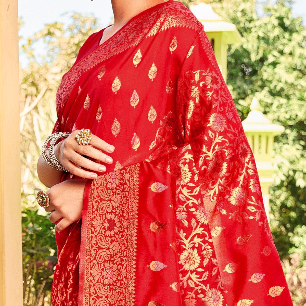 Innovative Red Coloured Designer Partywear Weaving Silk Saree - Peachmode