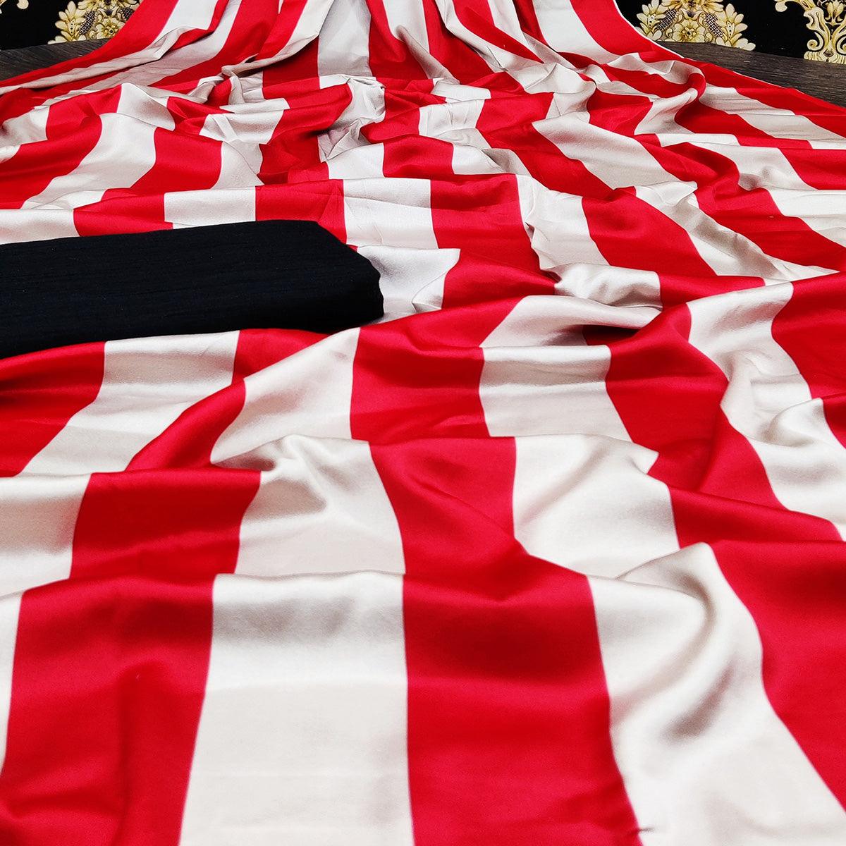 Innovative Red-White Colored Casual Wear Digital Printed Satin  Saree - Peachmode