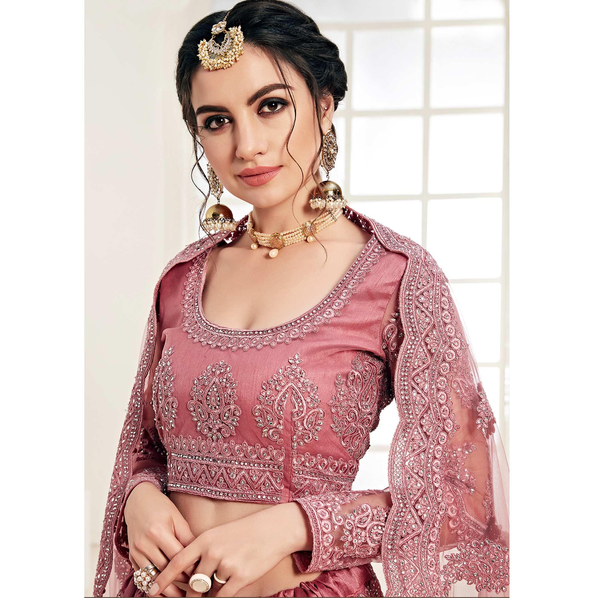 Innovative Rose Pink Colored Cording Embroidery Wedding Wear Net Lehenga Choli - Peachmode
