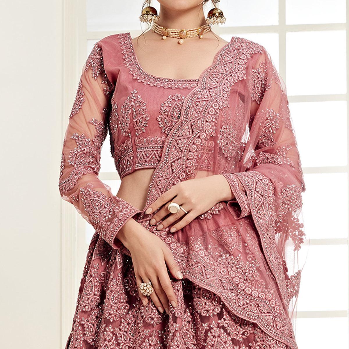 Innovative Rose Pink Colored Cording Embroidery Wedding Wear Net Lehenga Choli - Peachmode