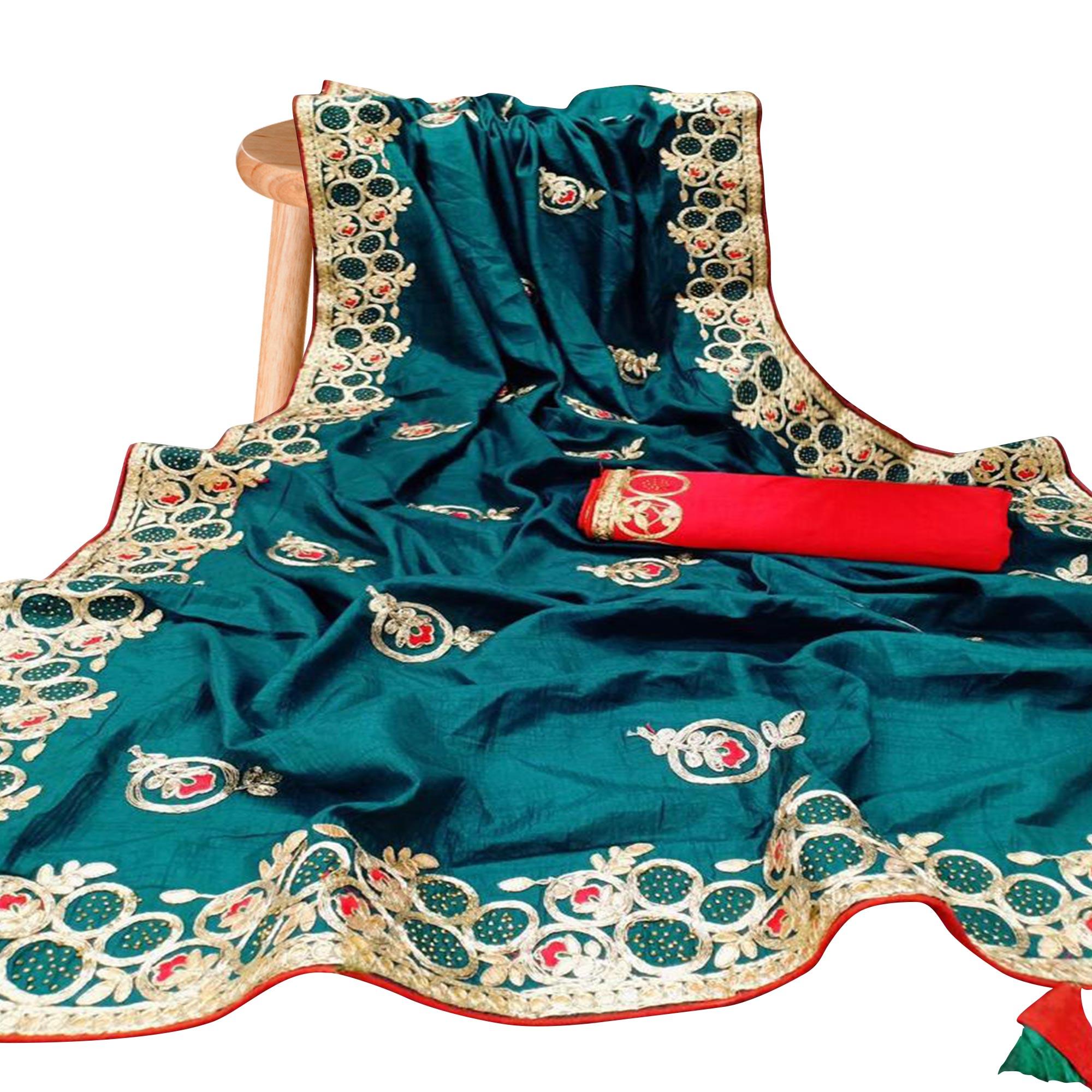 Innovative Teal Blue Colored Partywear Embroidered Silk Saree - Peachmode