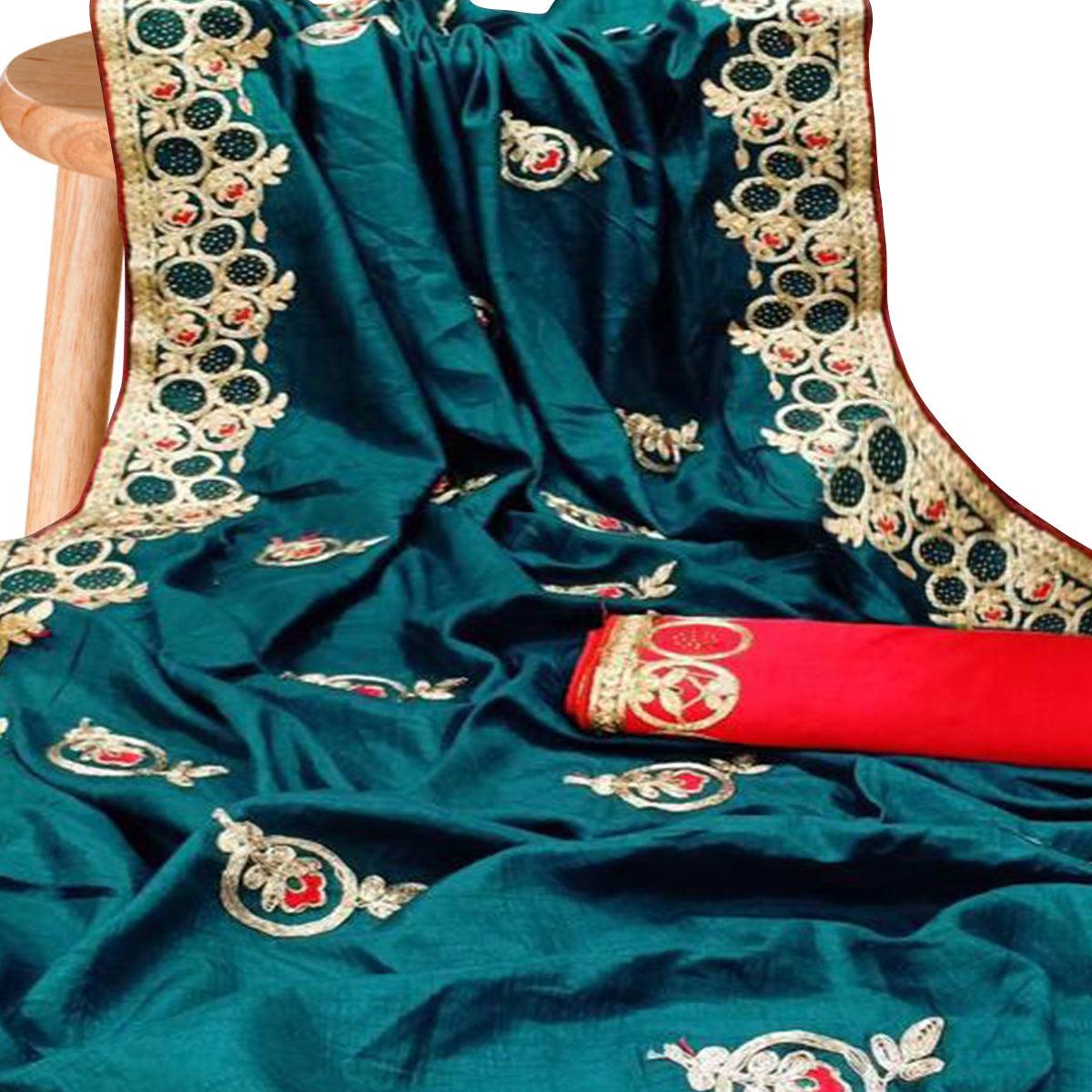 Innovative Teal Blue Colored Partywear Embroidered Silk Saree - Peachmode