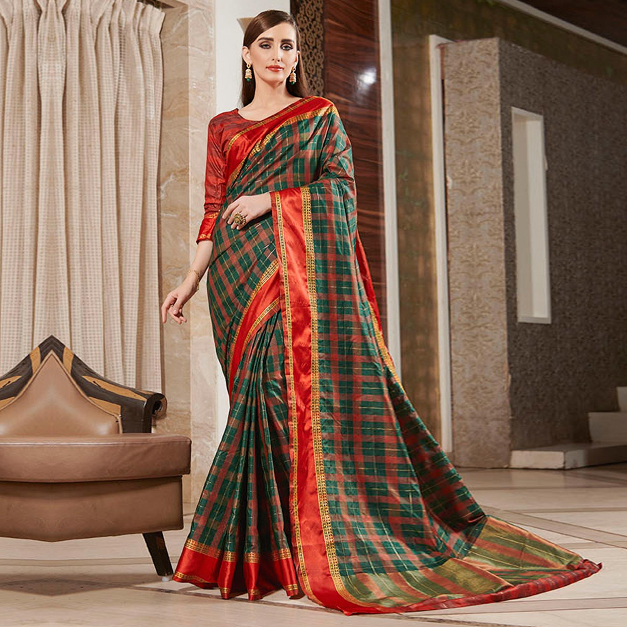 Innovative Turquoise Green Colored Festive Wear Woven Silk Saree - Peachmode