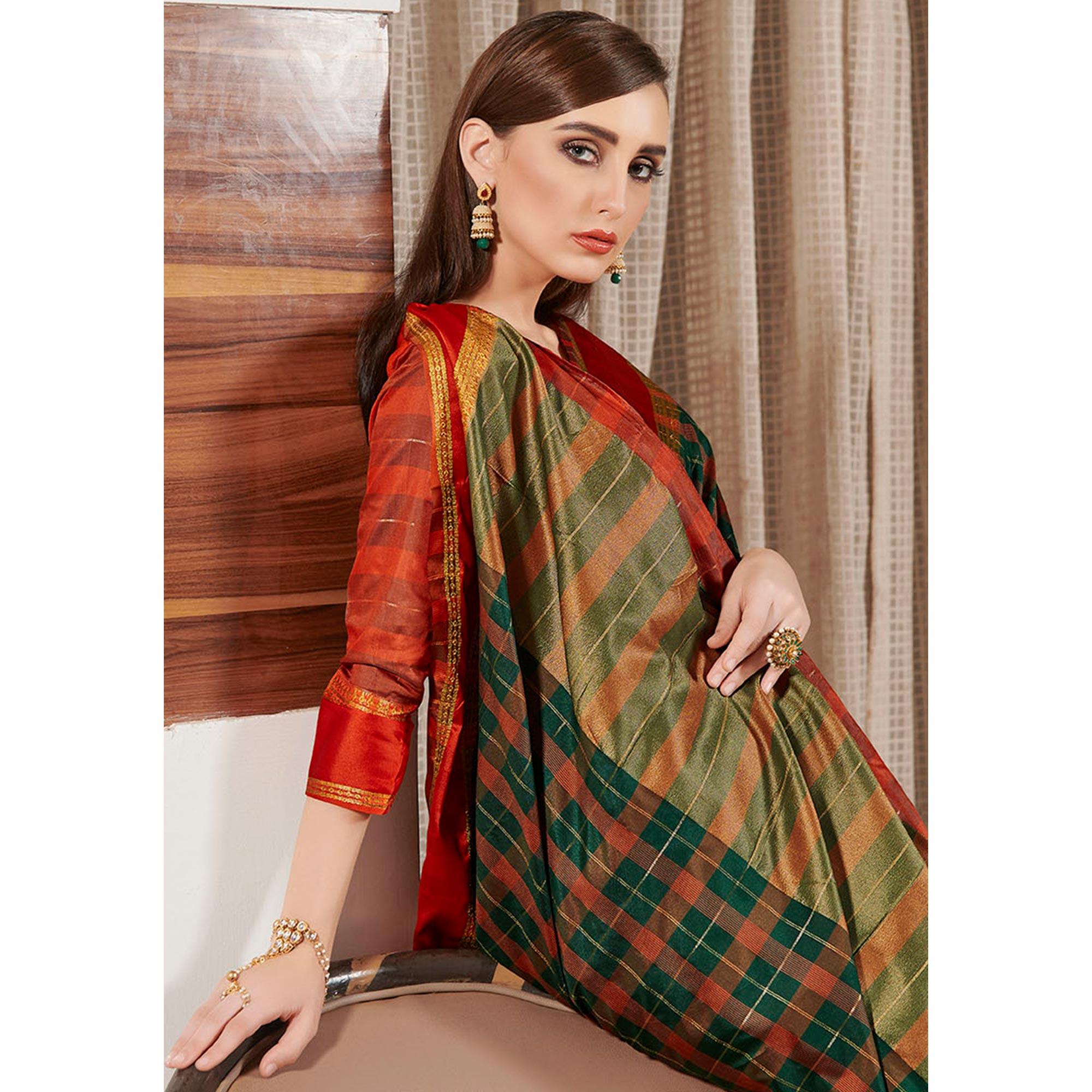 Innovative Turquoise Green Colored Festive Wear Woven Silk Saree - Peachmode