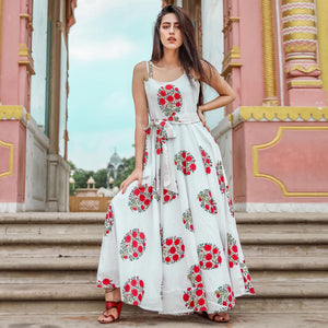 Innovative White Colored Casual Digital Floral Printed Cotton Gown With Matching Mask - Peachmode