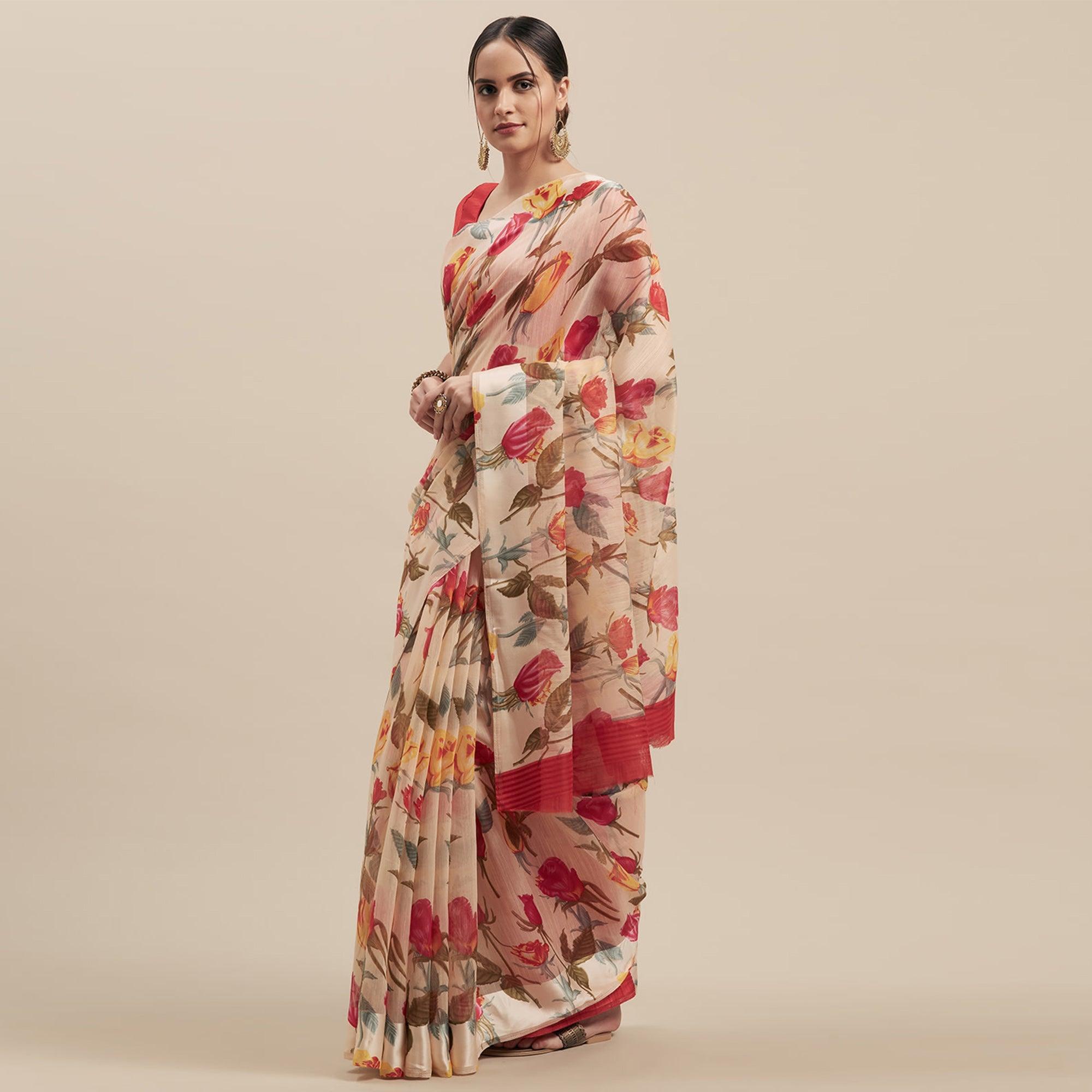 Innovative White-Red Colored Casual Wear Floral Printed Linen Saree - Peachmode