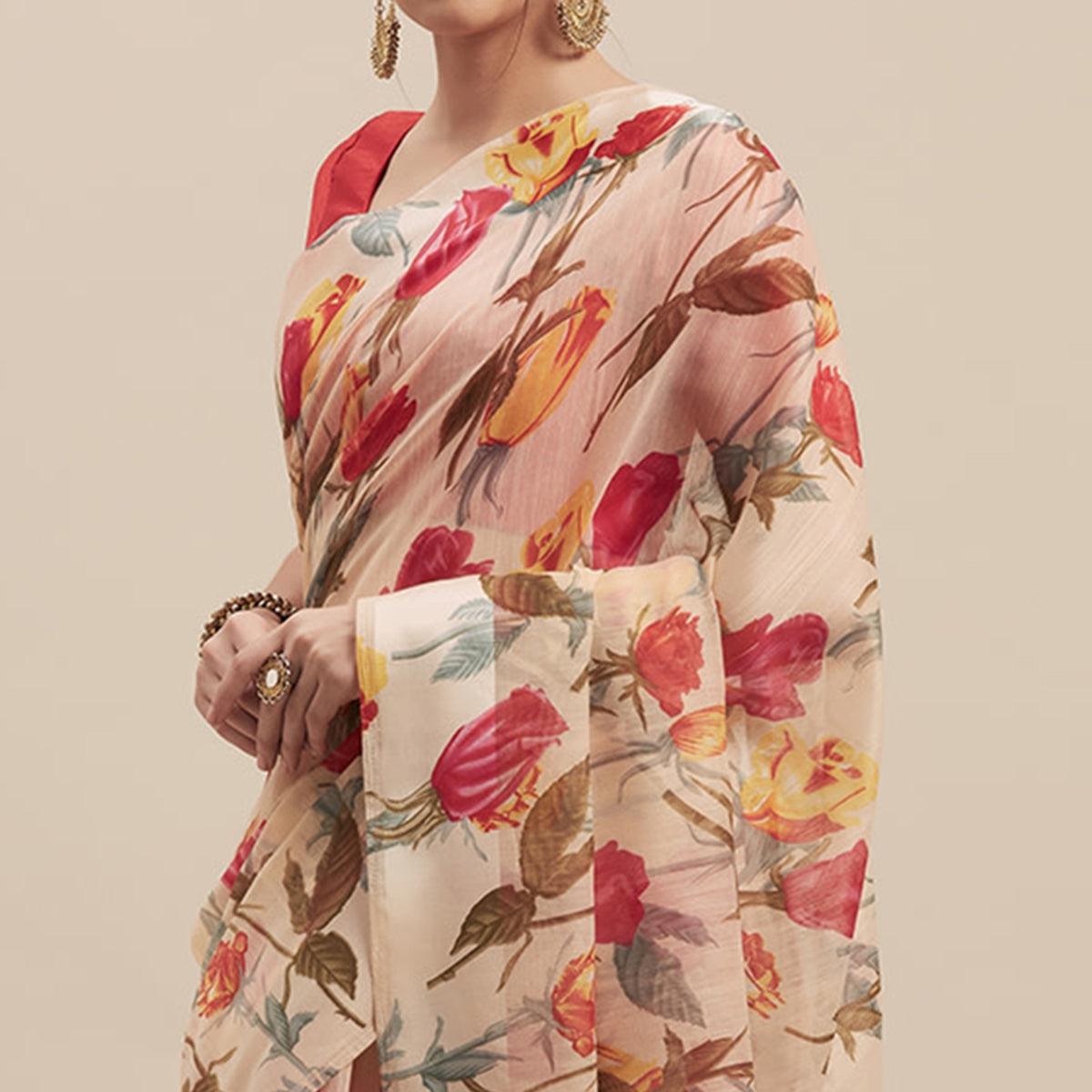 Innovative White-Red Colored Casual Wear Floral Printed Linen Saree - Peachmode